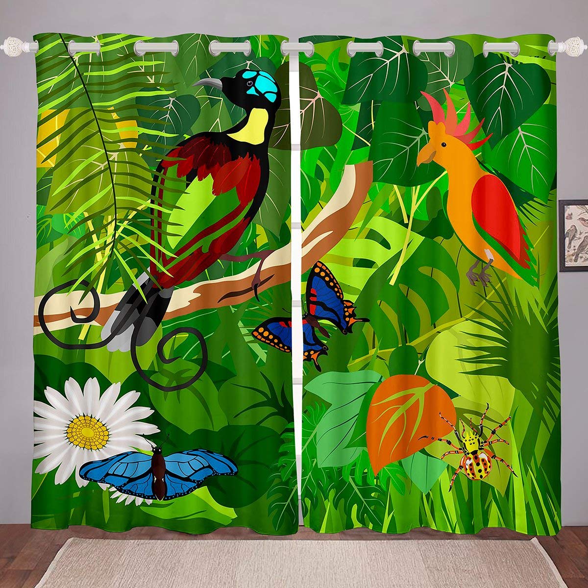 Erosebridal Tropical Butterfly & Daisy Blackout Curtains 104x63 Inches - Hawaiian Window Drapes with Bird & Leaf Patterns, Thermal Insulated Kitchen & Cafe Curtains for Sun Protection & Privacy