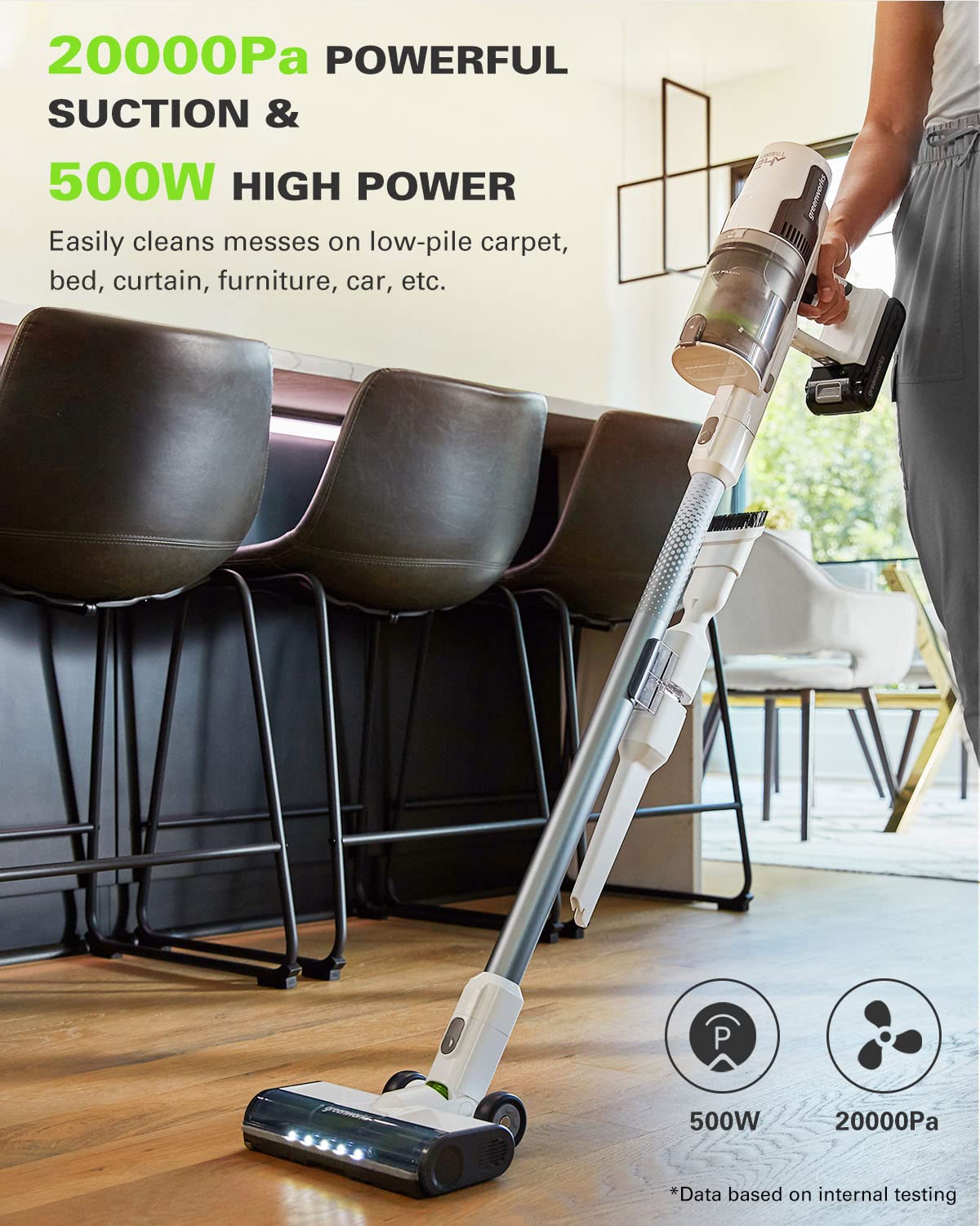 Greenworks 24V Brushless Cordless Stick Vacuum Cleaner - 500W Powerful Suction, Ultra Lightweight Design with LED Lights, Includes 4Ah USB-C Battery & 30-Min Fast Charger (White) - Perfect for Hardwood Floors, Carpets, Pet Hair, and Quick Home Cleaning
