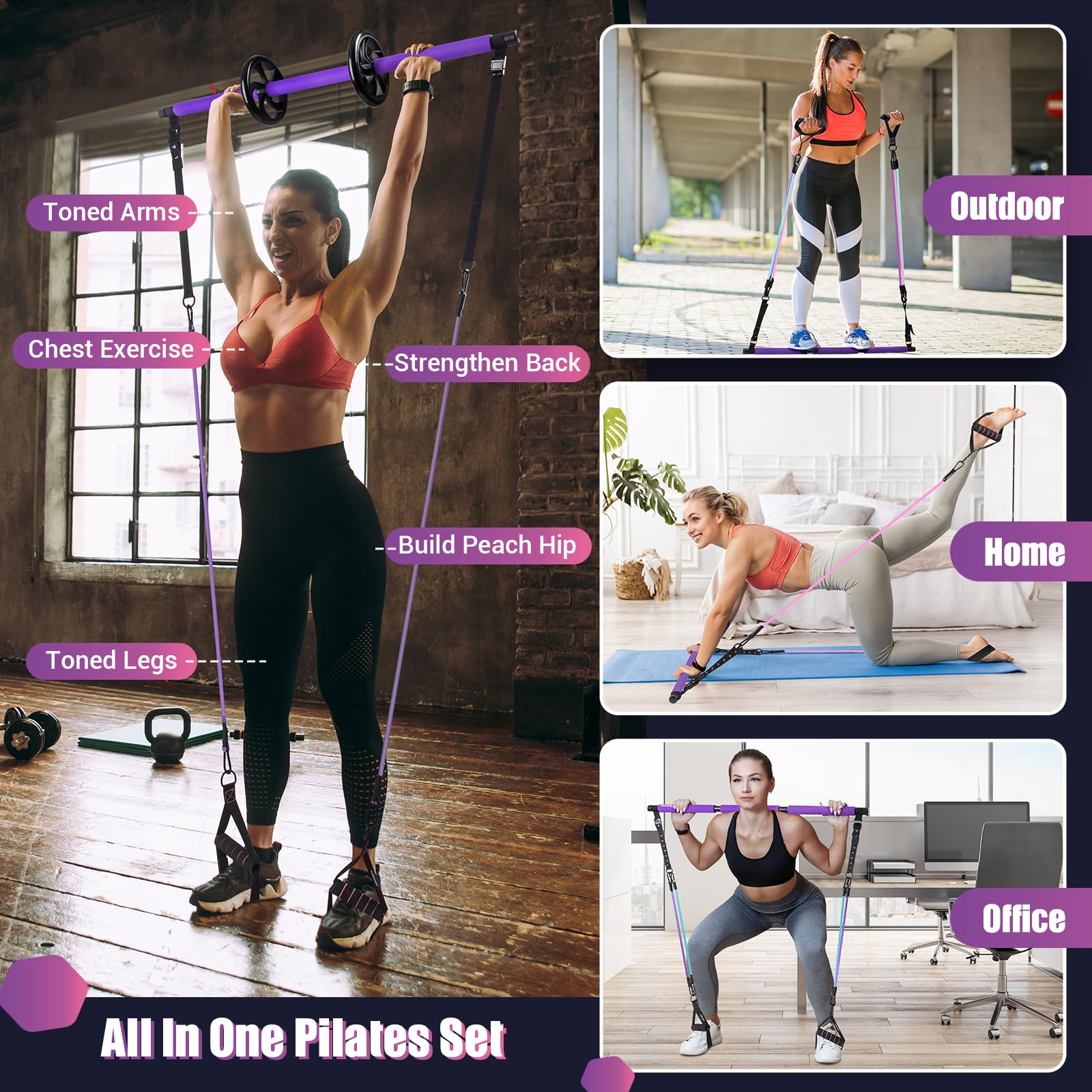 **Pilates Bar Kit with Resistance Bands - Multifunctional Exercise Bar & Ab Roller for Pilates, Abs, Weight Loss - Portable Home Gym Equipment for Full Body Workout - Ideal for Women's Fitness & Home Training**