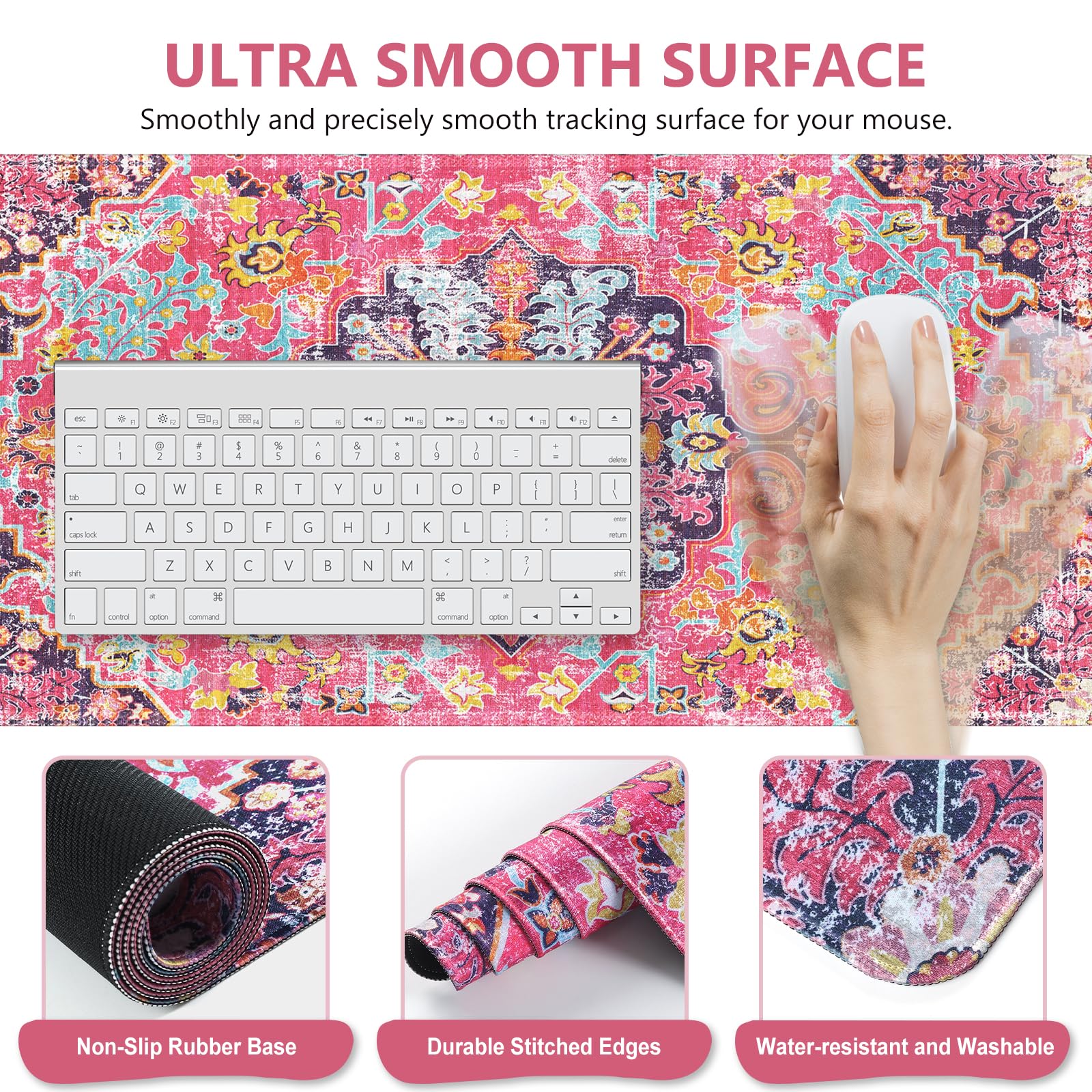 iLeadon 4-in-1 Boho Mouse Pad Set with Wrist Rest - Large Desk Mat, Keyboard Pad & Coaster - Ergonomic Computer Accessories for Home Office - Fuchsia Rug Design (Perfect for Workstations, Gaming & Productivity)