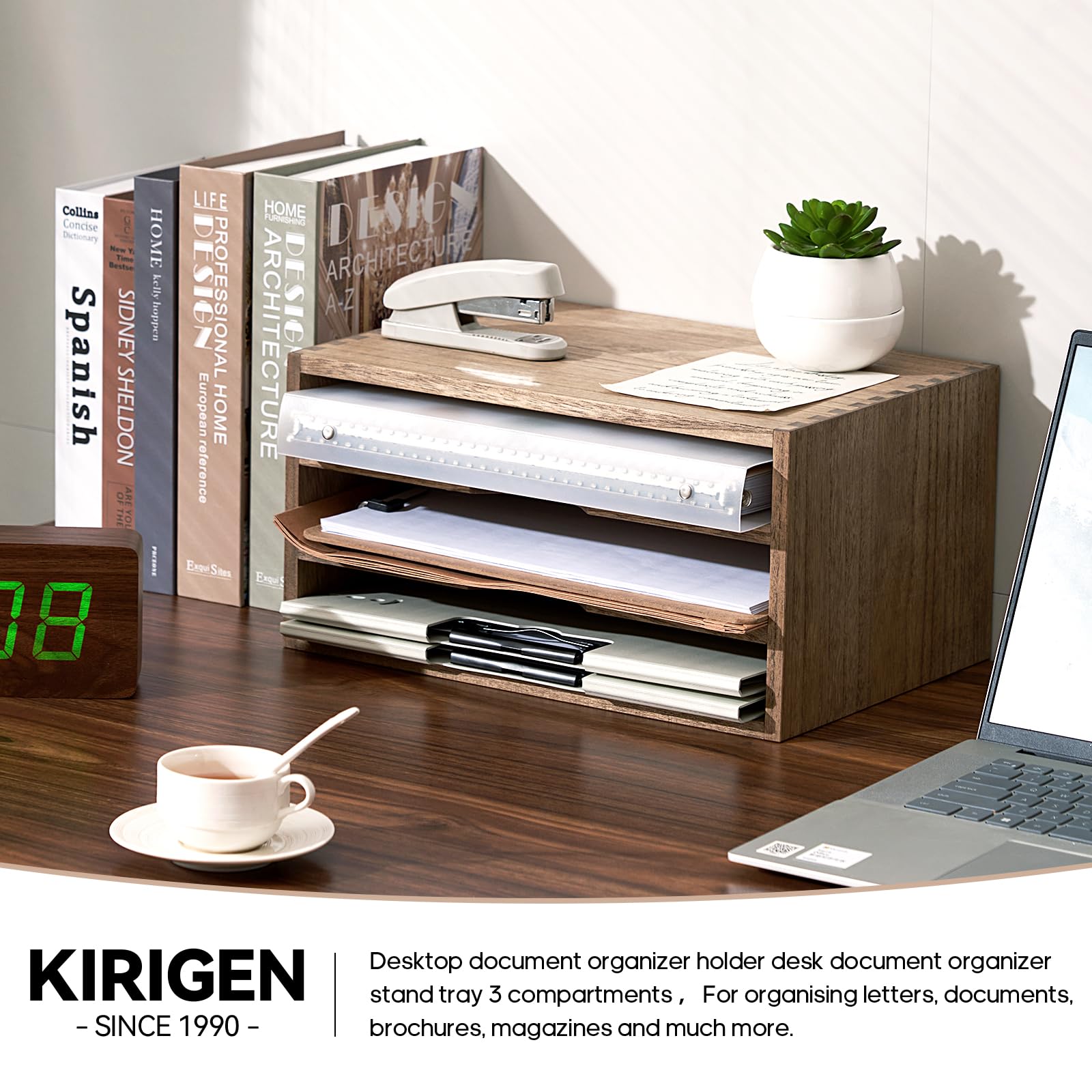 KIRIGEN 3-Tier Wooden Desktop Organizer - Paper Storage Letter Tray, File Sorter & Magazine Holder for Home Office Organization - Dark Brown Desk Accessory (Perfect for Bills, Mail, Documents & Office Supplies)