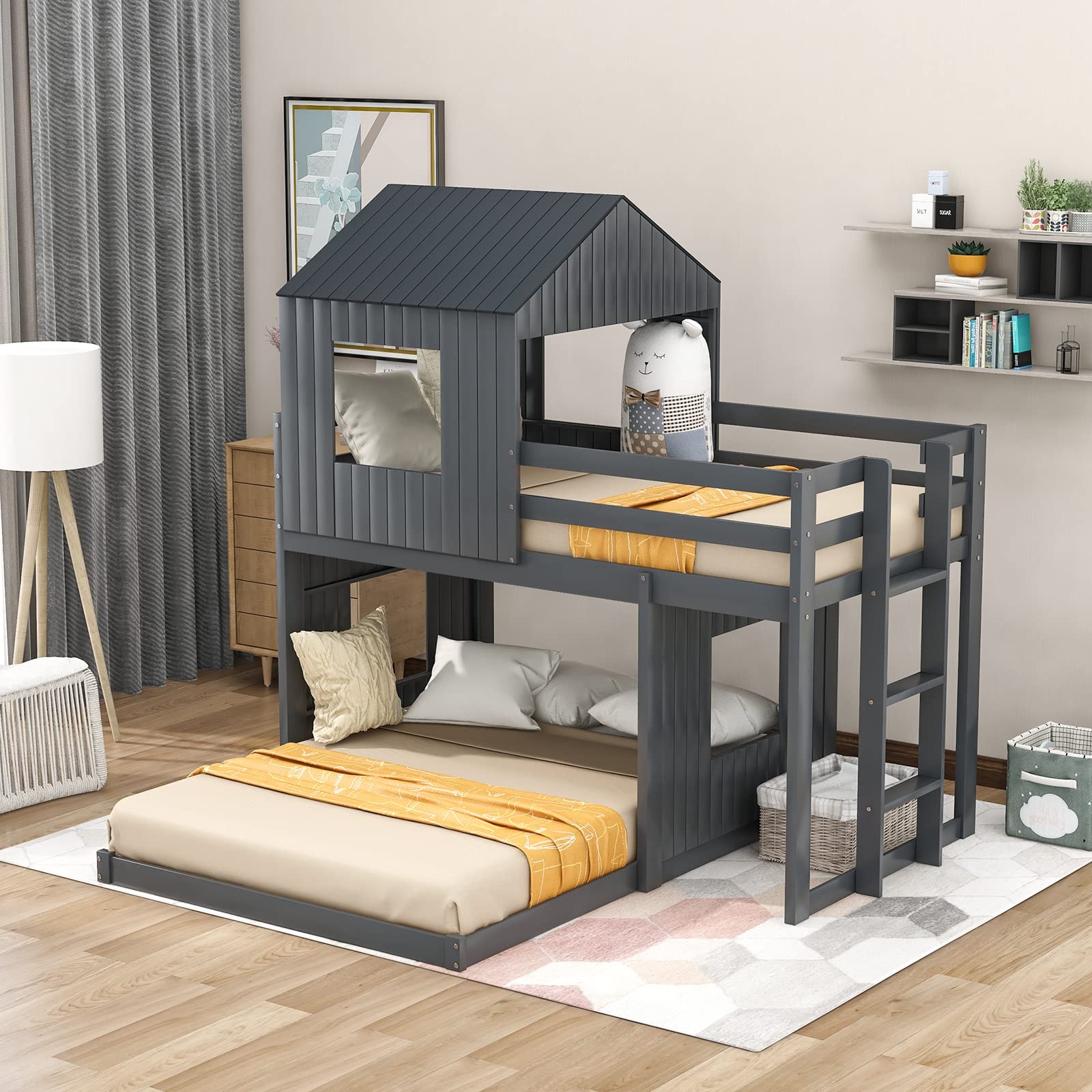 Doredo Twin Over Full Size Wooden Bunk Bed with Ladder, Roof, Window & Safety Guardrail - Low Profile House Style Bed for Kids, Boys & Girls (Gray) - Perfect for Small Bedrooms, Shared Kids' Rooms & Space-Saving Sleep Solutions