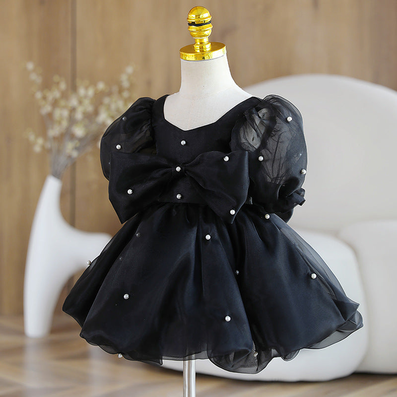 Elegant Baby Girl Puff Sleeve Pearl Communion Dress - White Baptism Christening Gown for Special Occasions & Photoshoots