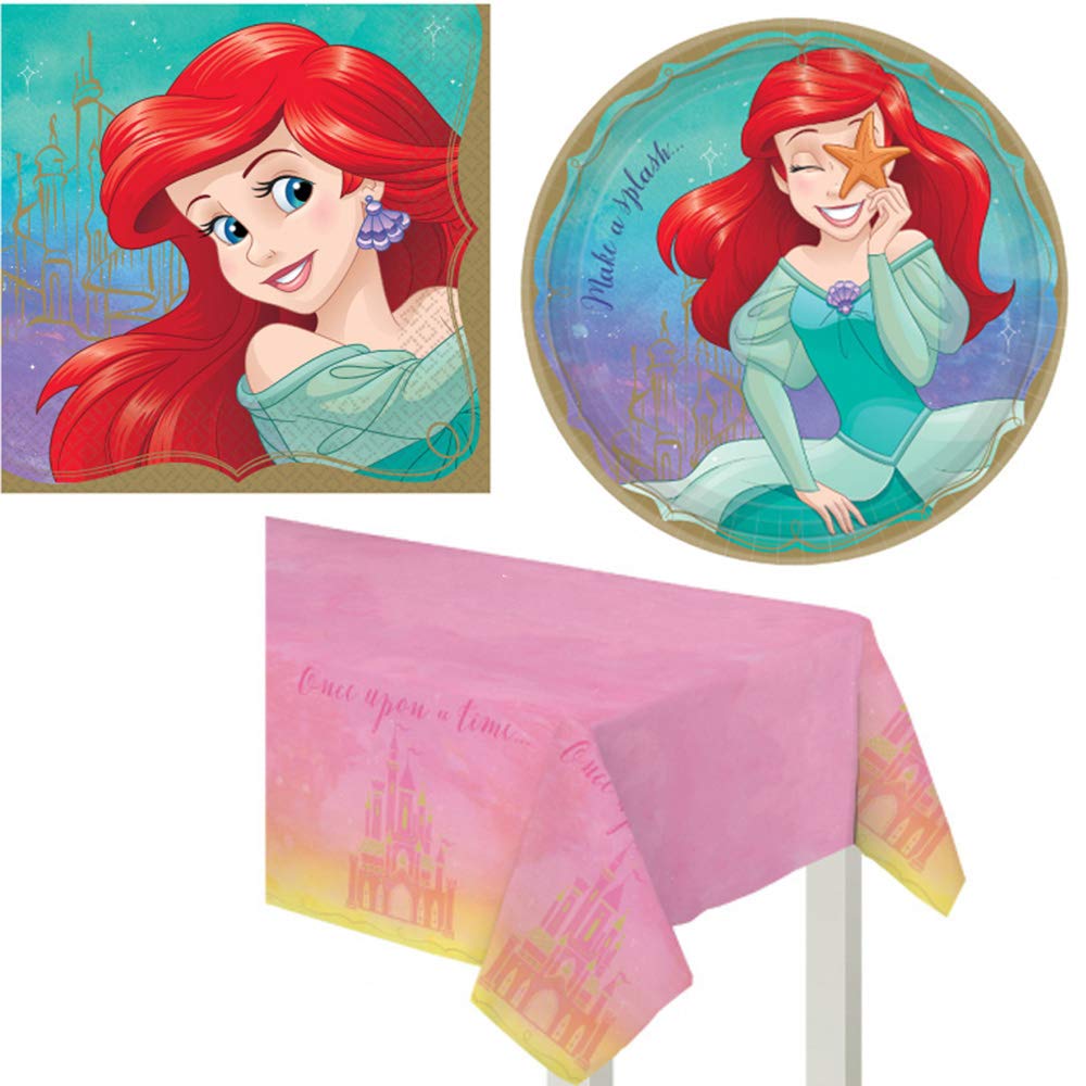 Disney Princess Ariel Birthday Party Supplies Set - 16-Person Kit with Napkins, Plates, Tablecover & Maze Game Activity Card | Perfect for Kids' Themed Birthday Parties & Disney-Themed Celebrations