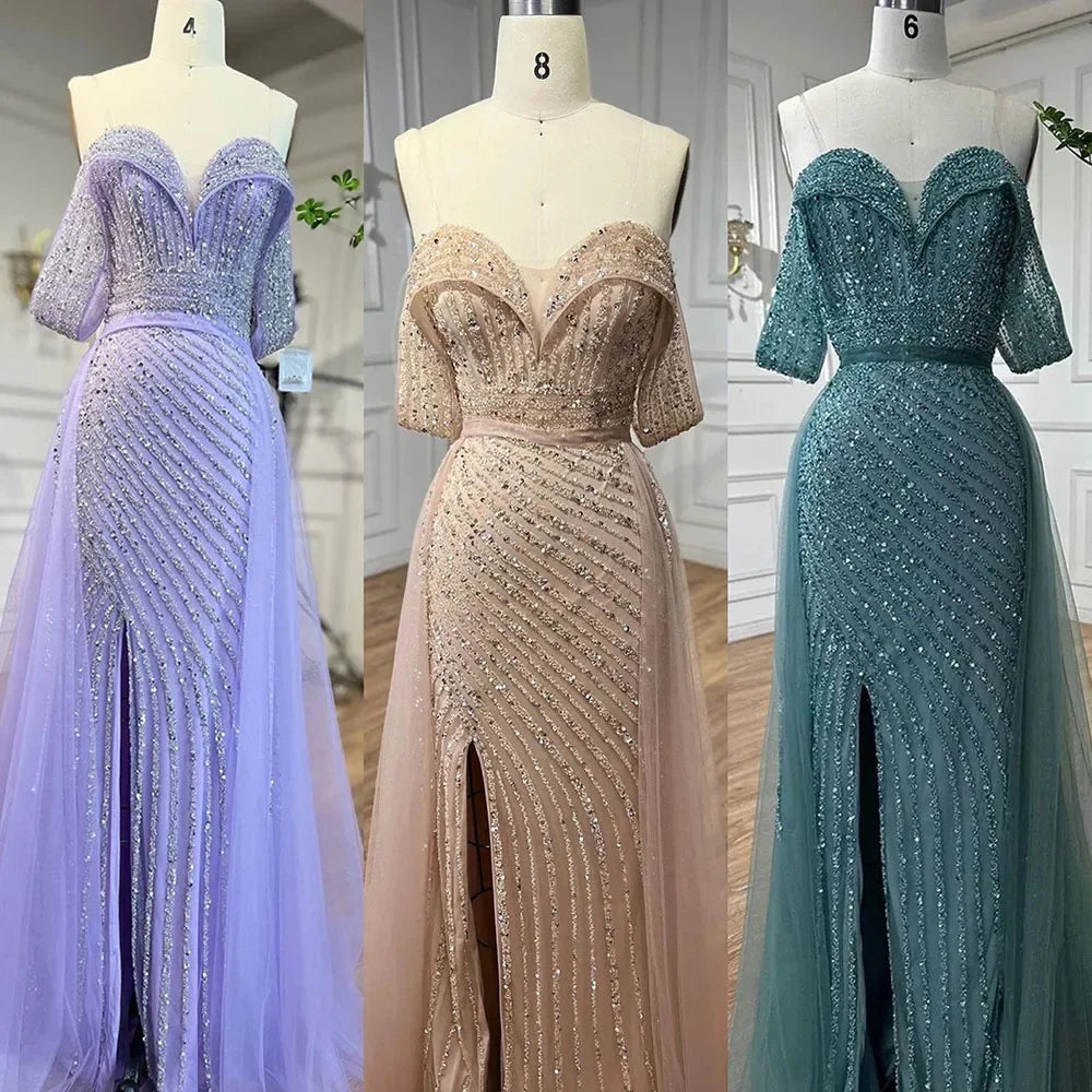 Elegant Nude Mermaid Evening Dress with Overskirt & Beaded Off-Shoulder Design for Women's Party, Prom & Special Occasions - LA71728