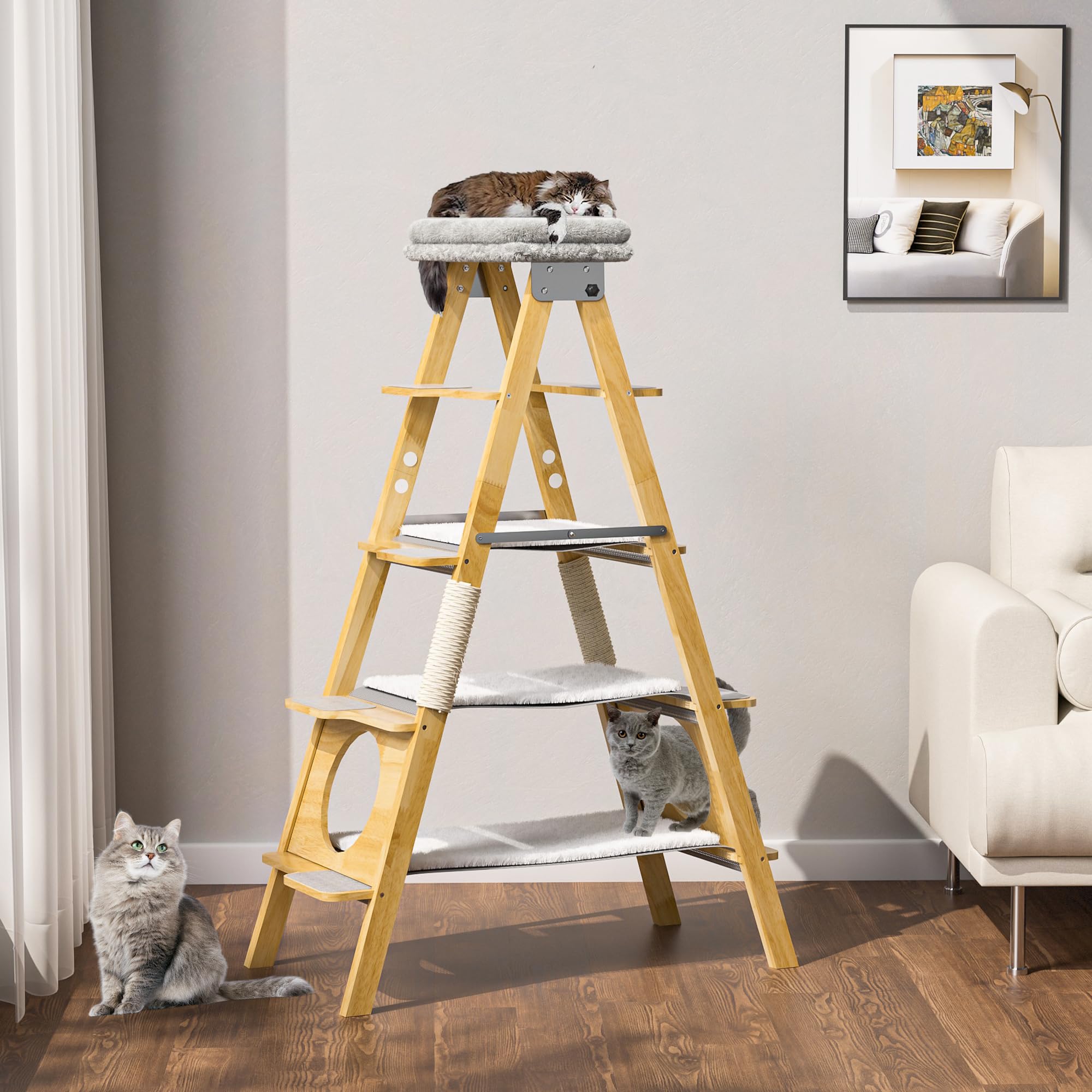 GDLF Modern Wood Cat Tree with Foldable Ladder, Hammock & Sisal Scratch Post - 60