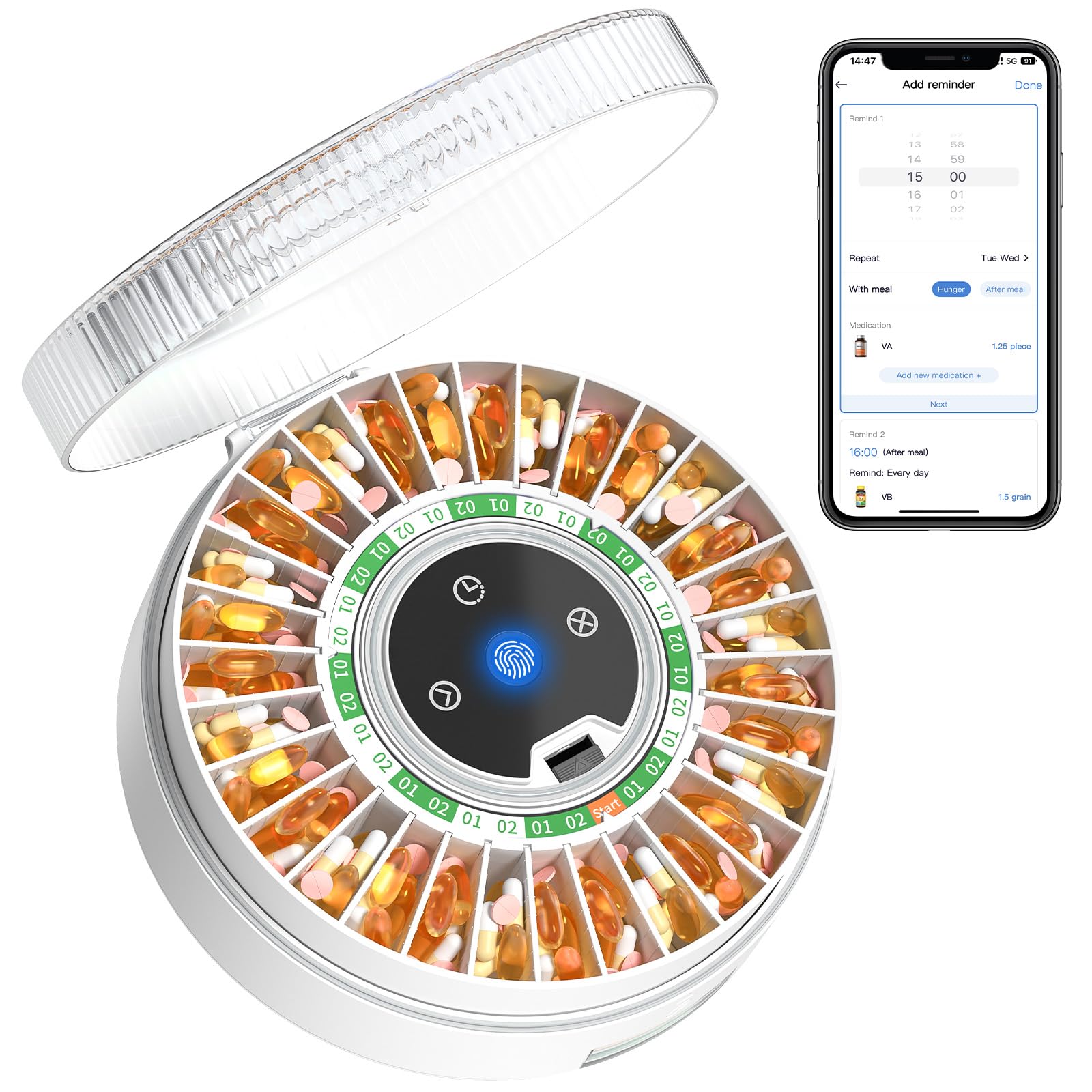Zoksi Premium 31-Slot Automatic Pill Dispenser with Fingerprint & Key Lock - Smart Medication Organizer with Alarm & LED Light - Electronic Pill Box for Elderly & Memory Care - Perfect for Daily Medication Management & Travel (Green)