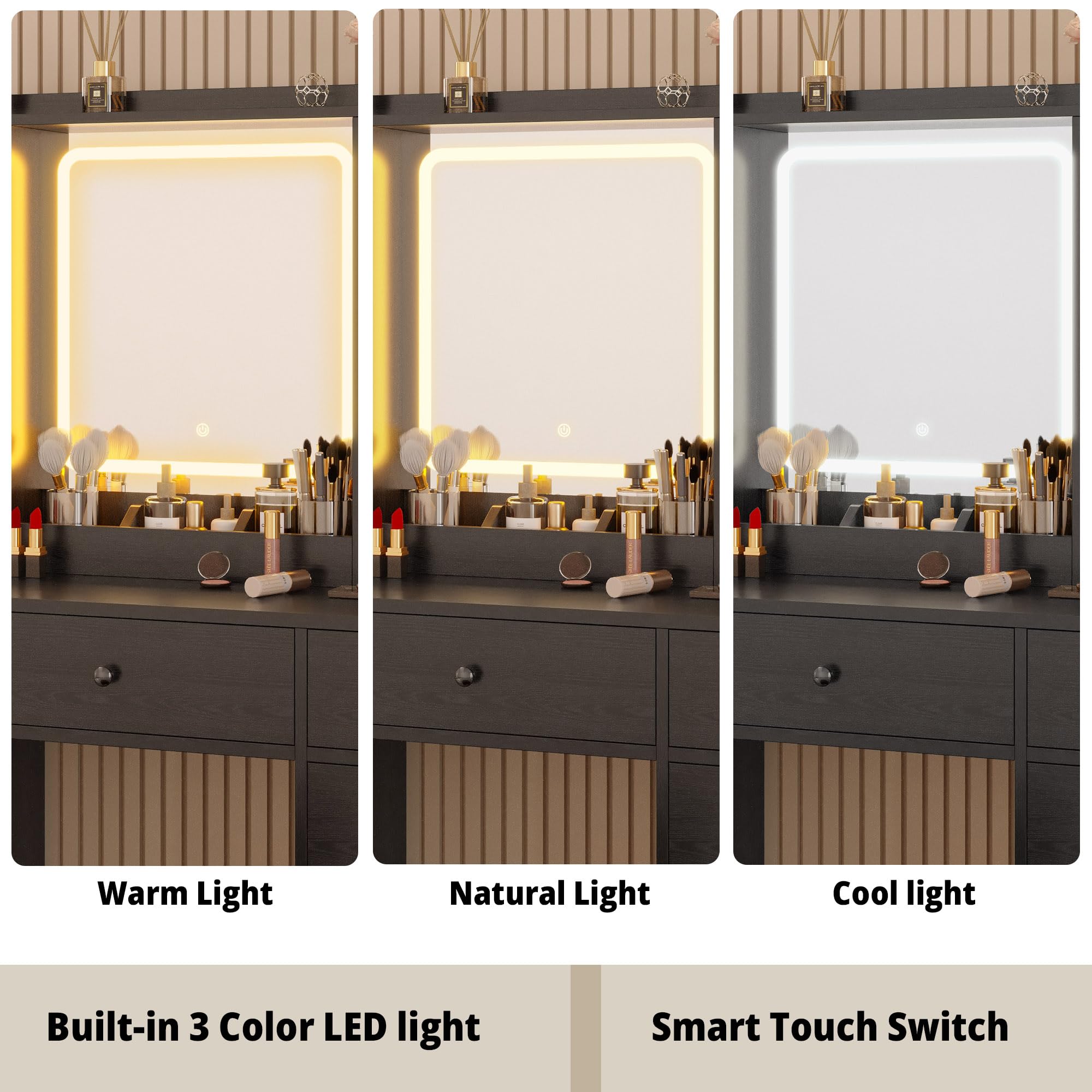 Black IRONCK LED Vanity Desk with Mirror & Charging Station - Perfect for Makeup & Jewelry Storage