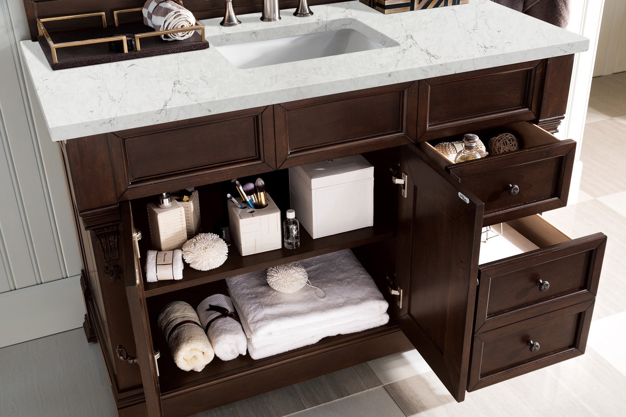 Brookfield 48 Inch Single Bathroom Vanity with Burnished Mahogany Base & 3CM Eternal Jasmine Pearl Quartz Countertop - Perfect for Modern Master Bathrooms and Guest Powder Rooms