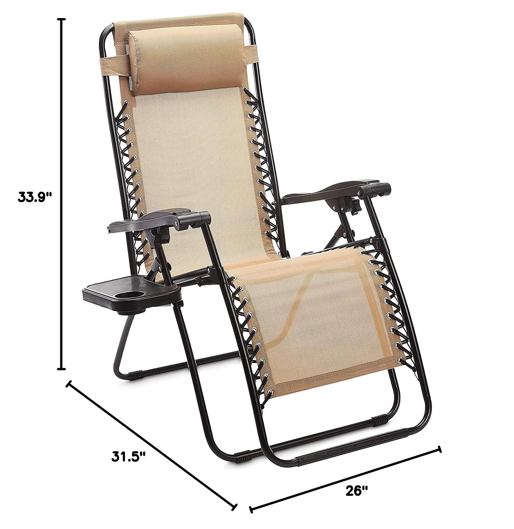 Premium Adjustable Zero Gravity Folding Lounge Chair with Side Table & Pillow - 2 Pack Beige Outdoor Recliner for Patio, Poolside, Beach & Backyard Relaxation