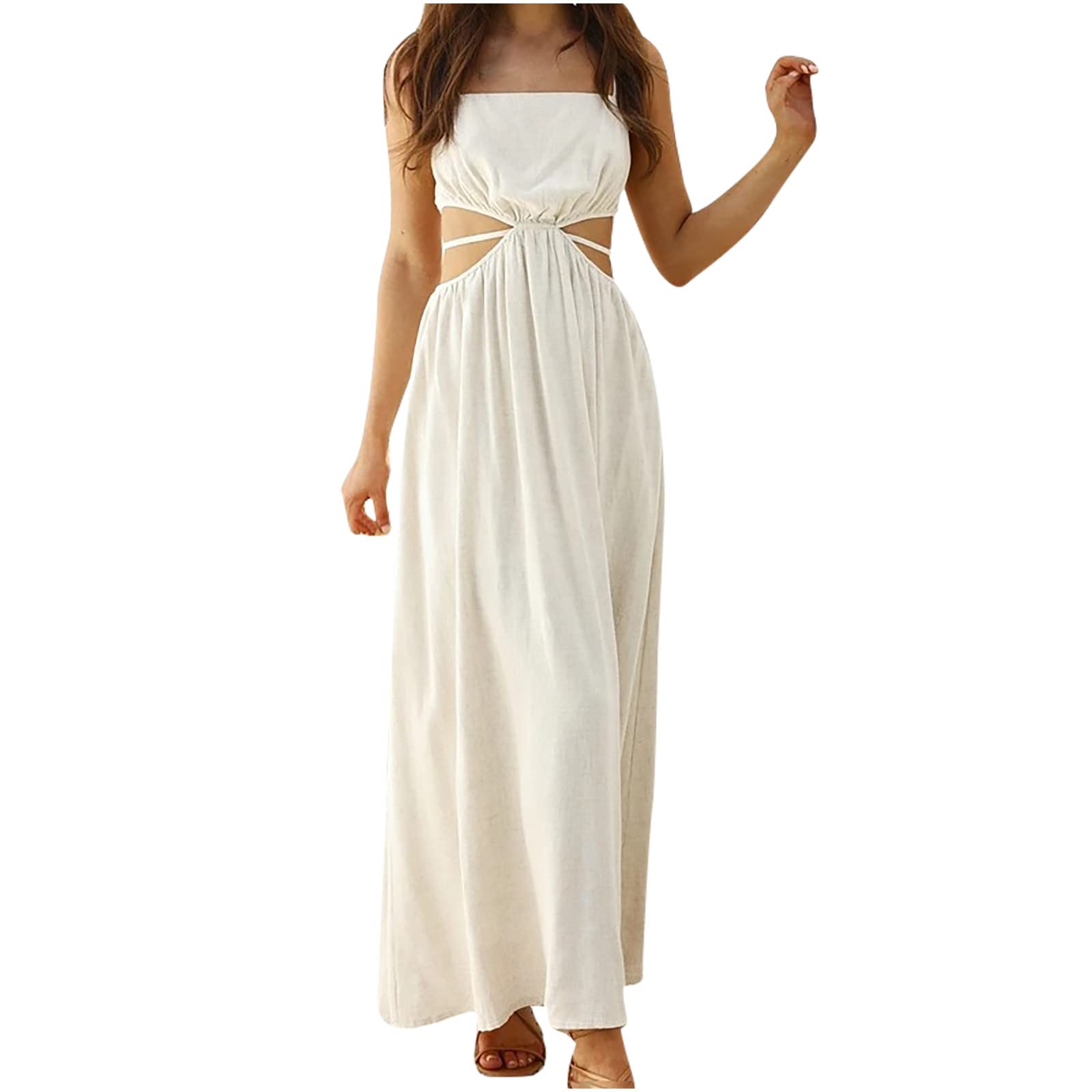 Sexy Women's Summer Sleeveless Spaghetti Strap Square Neck Backless Hollow Out Maxi Long Dress - Perfect for Beach Vacations, Date Nights & Summer Parties