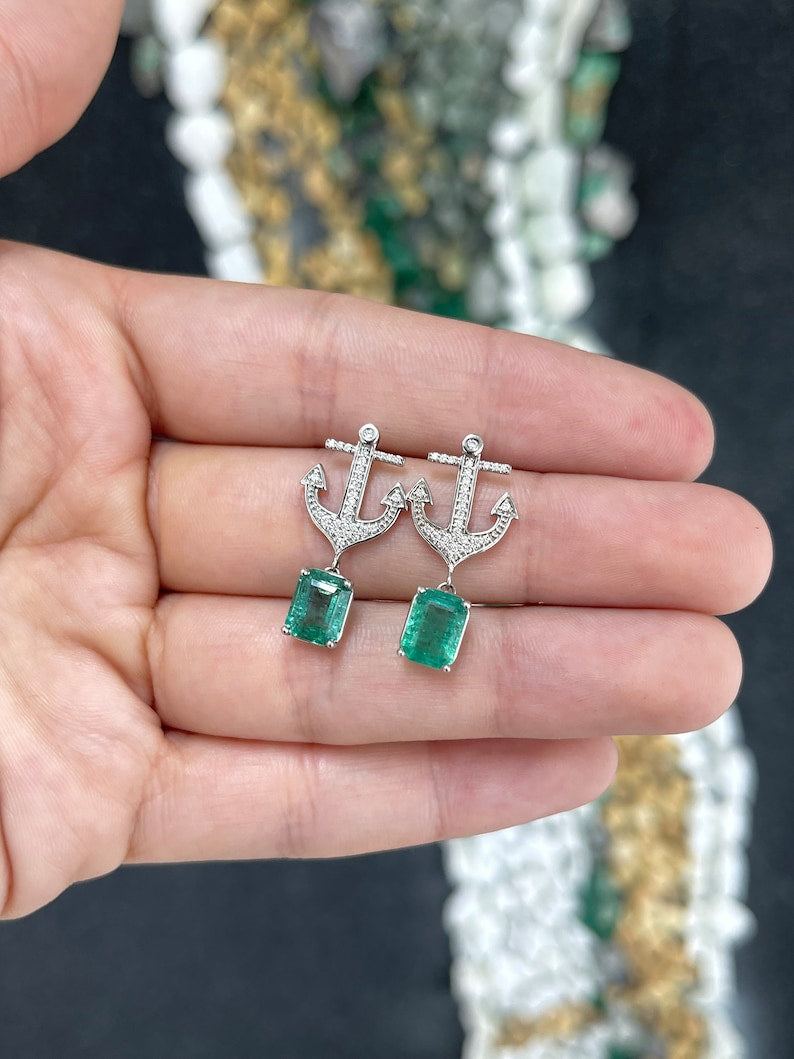 3.50tcw 14K Gold Natural Lush Green Emerald & Diamond Anchor Dangle Earrings for Women – Elegant Jewelry Gift for Brides, Parties & Special Occasions