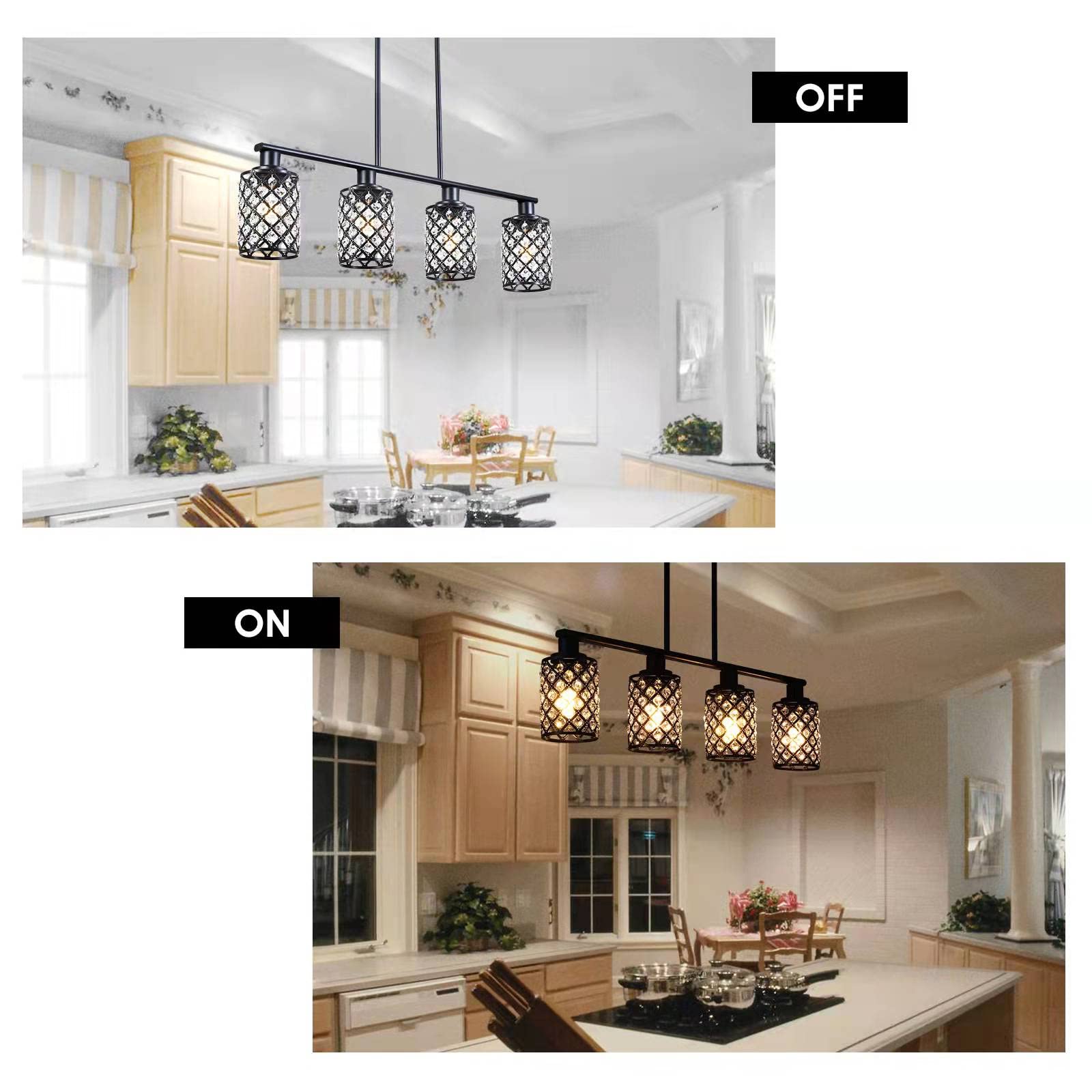 4-Light Black Linear Chandelier with K9 Crystal & Grid Shade - Modern Pendant Lighting for Kitchen Island, Dining Room Table | Perfect for Contemporary Home Decor & Open Concept Spaces