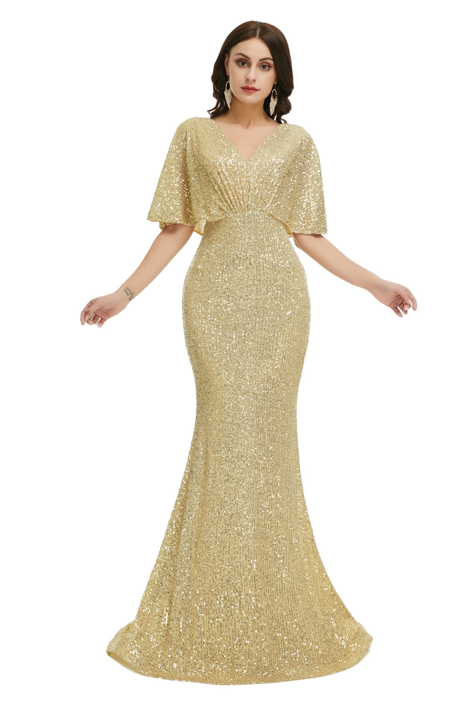 Sparkling Engerla Short Sleeve Sequin Mermaid V-Neck Party Dress - Elegant Formal Prom Gown, Wedding Bride & Bridesmaid Dresses for Evening Events, Cocktail Parties & Special Occasions