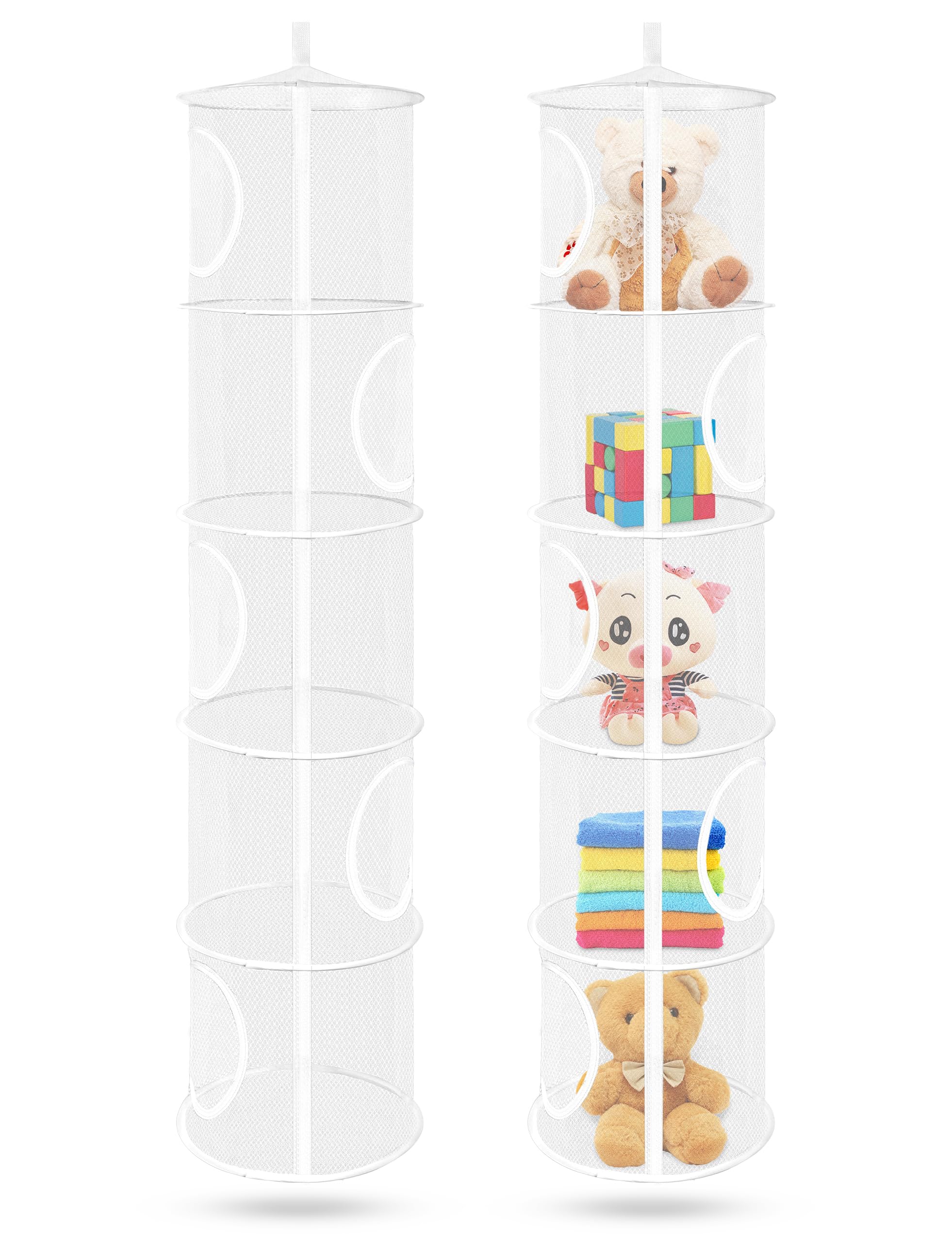 Libeder Mesh Hanging Storage Organizer Bags - 5 Compartment Foldable Space Saver for Toys, Clothes & Accessories - Perfect for Kids Room, Bathroom & Closet Organization (2-Pack, White)