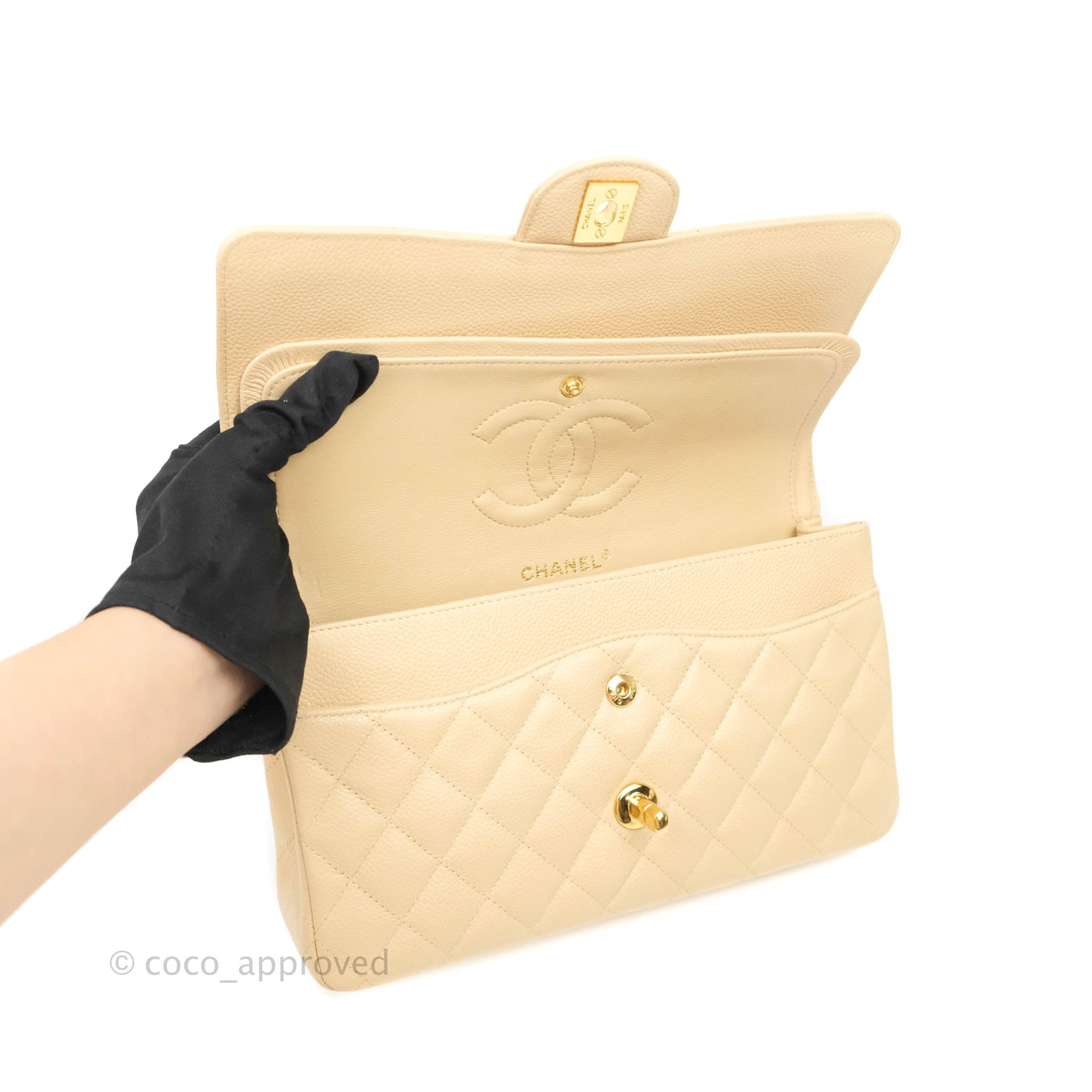 Chanel Classic Medium Double Flap Bag in Beige Caviar Leather with Gold Hardware - Luxury Designer Handbag for Women, Perfect for Work, Evening Events & Special Occasions