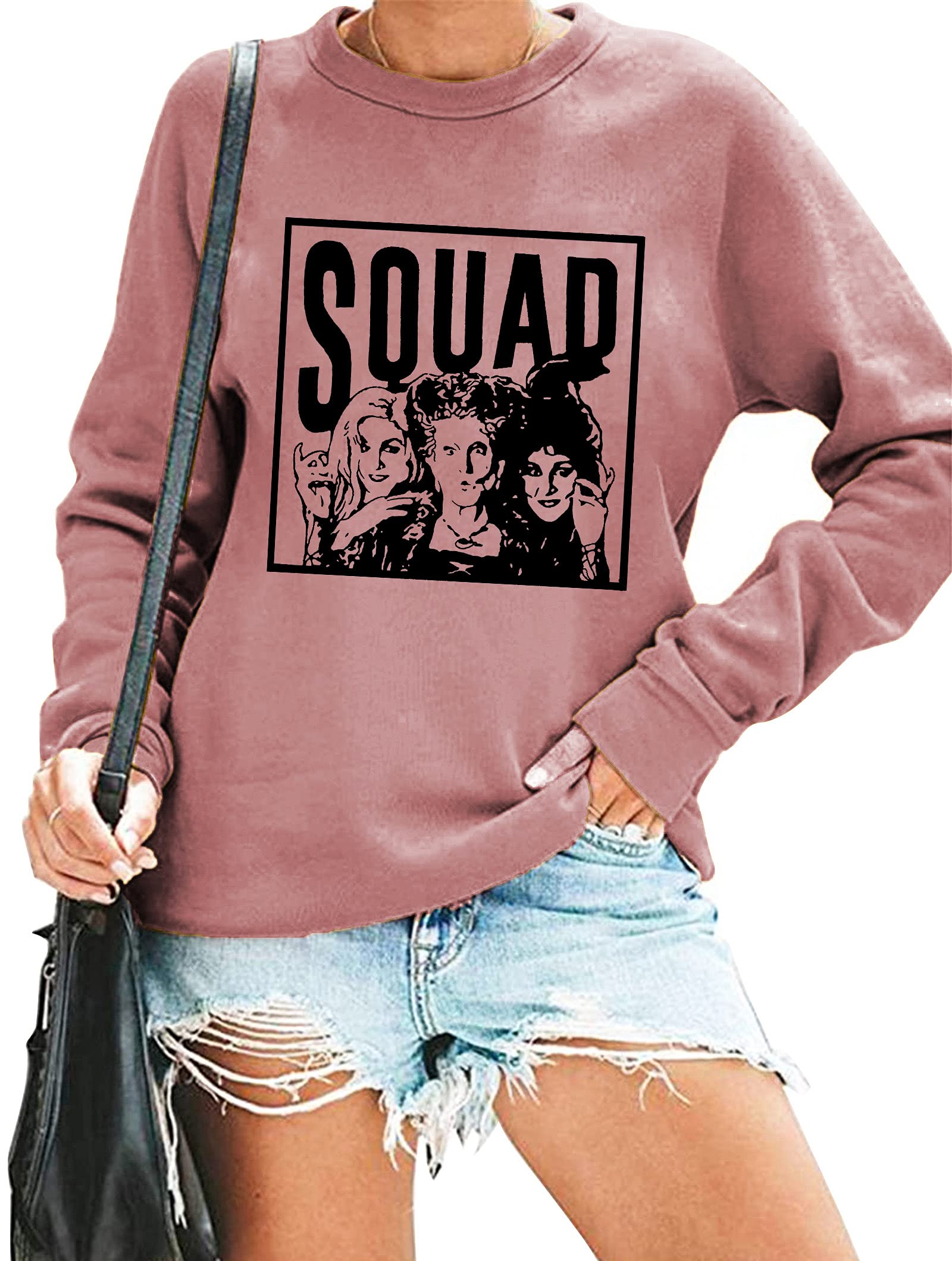 LHBNK Halloween Squad Sweatshirt for Women - Hocus Pocus Sanderson Sisters Long Sleeve Pullover Top | Cozy Fall Blouse for Costume Parties, Movie Nights & Spooky Season Outfits