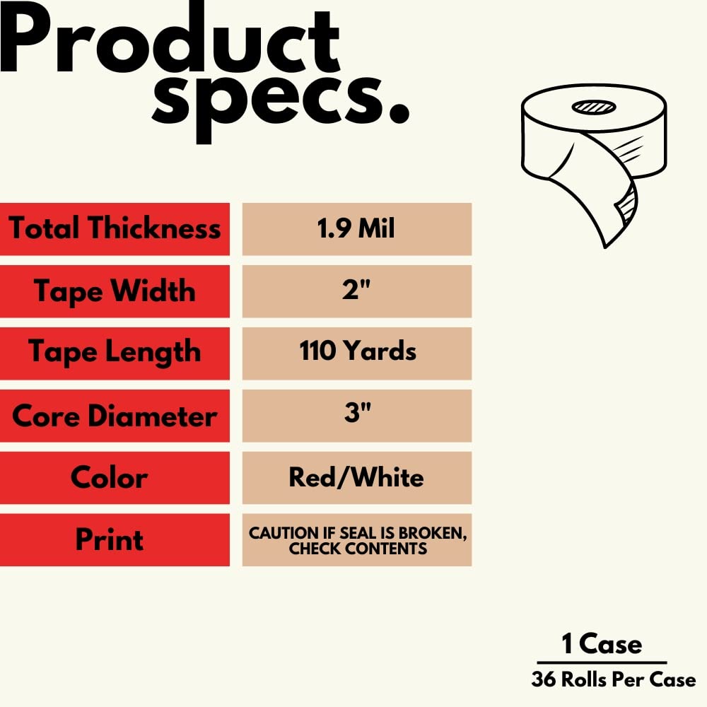 PSBM Tamper Evident Security Tape - 2 Inch x 110 Yards (36 Pack) - Red & White Warning Stripe with 'Caution If Seal is Broken Check Contents' Text - Ideal for Shipping Boxes, Warehouse Security & Package Protection