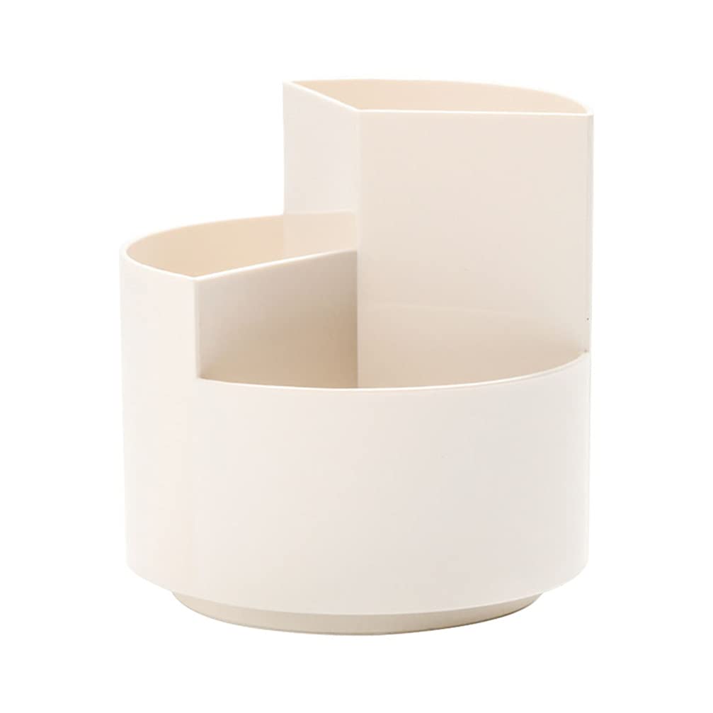 Healifty Rotating Makeup Brush & Pen Holder Organizer - White & Beige Modern Desktop Storage Box for Cosmetics, Office Stationery | Perfect for Vanity, Desk, Office & Home Organization