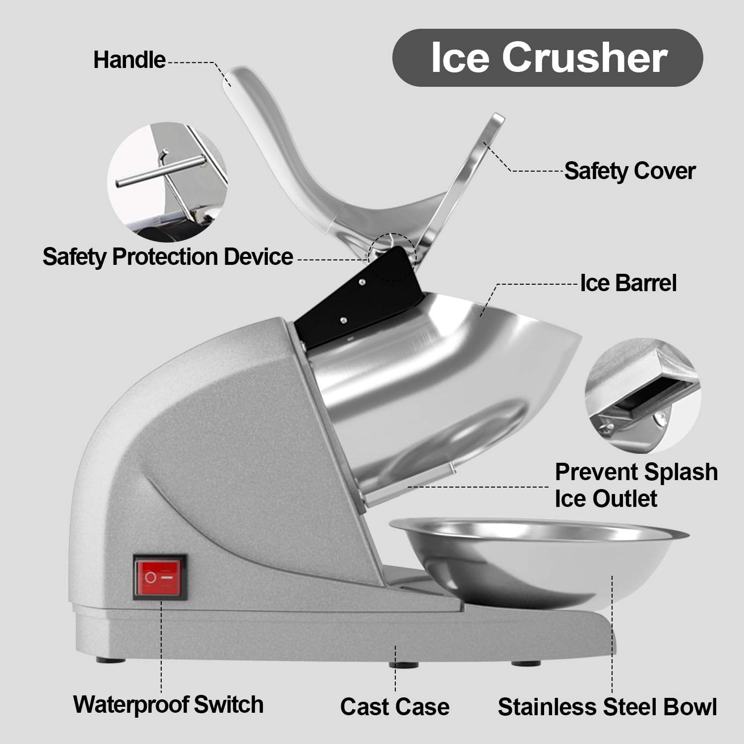 **380W Electric Ice Shaver Machine - Stainless Steel Snow Cone Maker with 3 Blades, 280lbs/hr High Capacity for Home & Commercial Use (Silver) - Perfect for Parties, Events, and Frozen Treat Shops**
