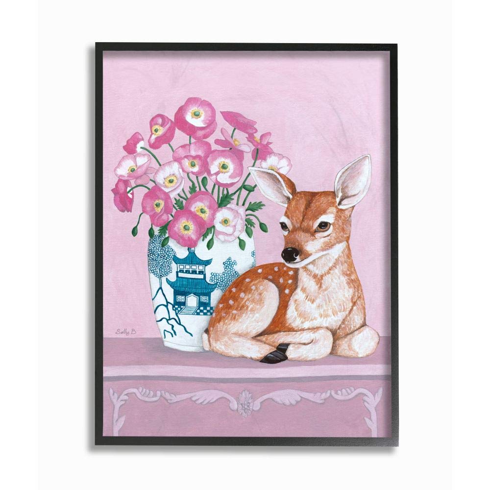 Stupell Industries Pink Floral Vase & Deer Wall Art Painting - Sally B Design, 24x30 Inches, Black Framed Canvas - Perfect for Living Room, Bedroom & Office Decor