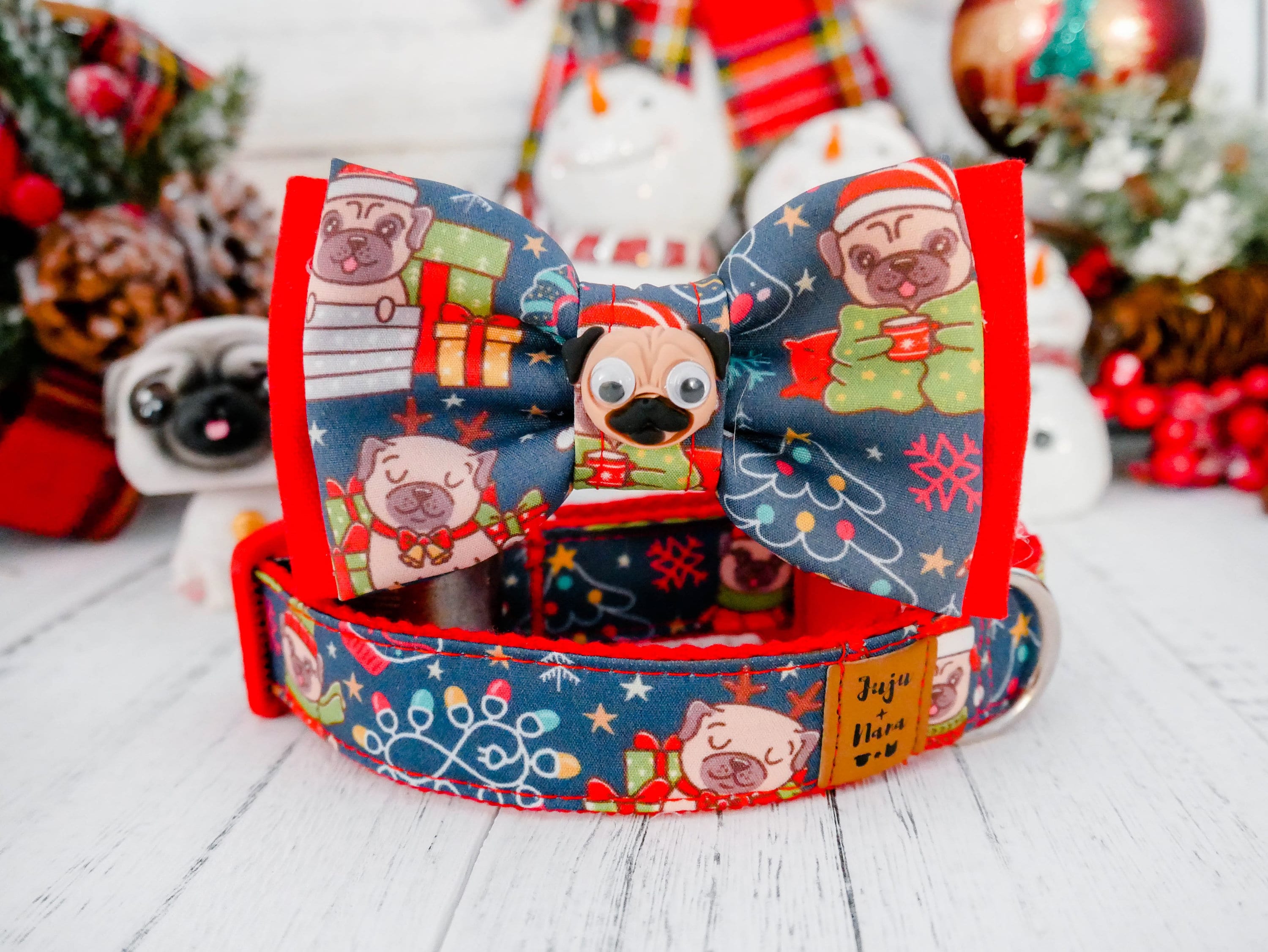 Festive Christmas Dog Collar with Adjustable Bow Tie - Perfect for Pugs & Small Dogs - Holiday Pet Accessories for Parties & Photos