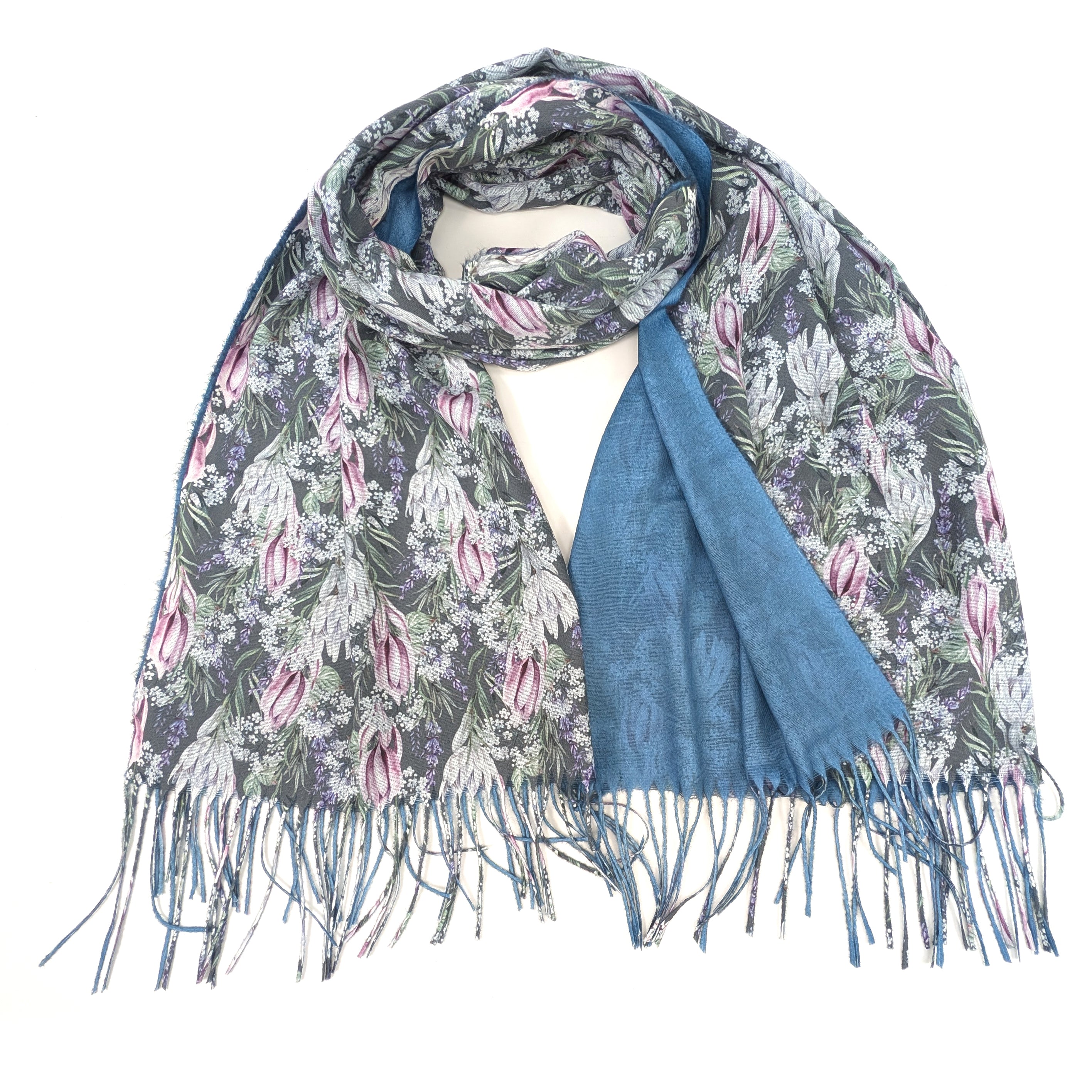 Premium Protea Pashmina Scarf (70x180cm) - Exclusive Denim Blue Design - Soft & Lightweight Shawl for Women - Perfect for Travel, Office & Evening Wear