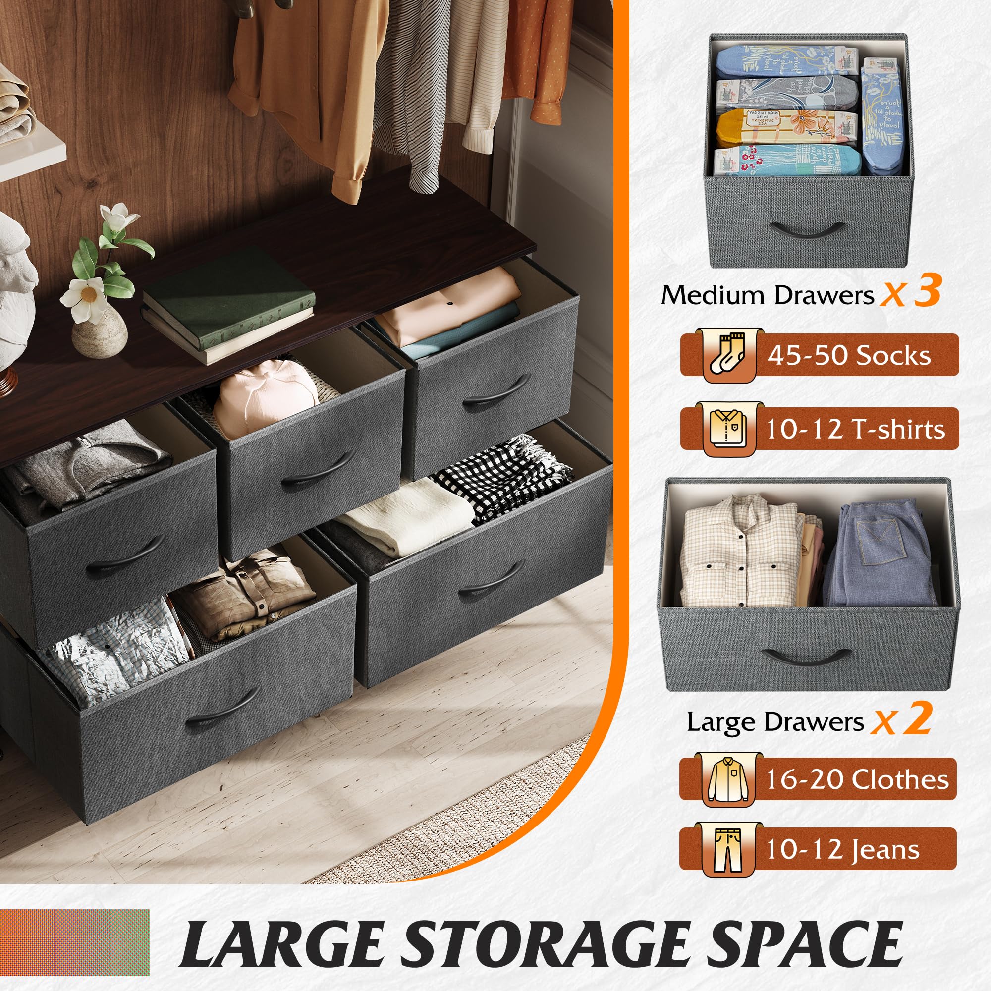 5-Drawer Fabric Dresser for Bedroom - Wide Storage Organizer with Fabric Bins, Dark Grey Chest of Drawers for Closet, Living Room & Hallway - Perfect for Small Space Organization & Home Decor