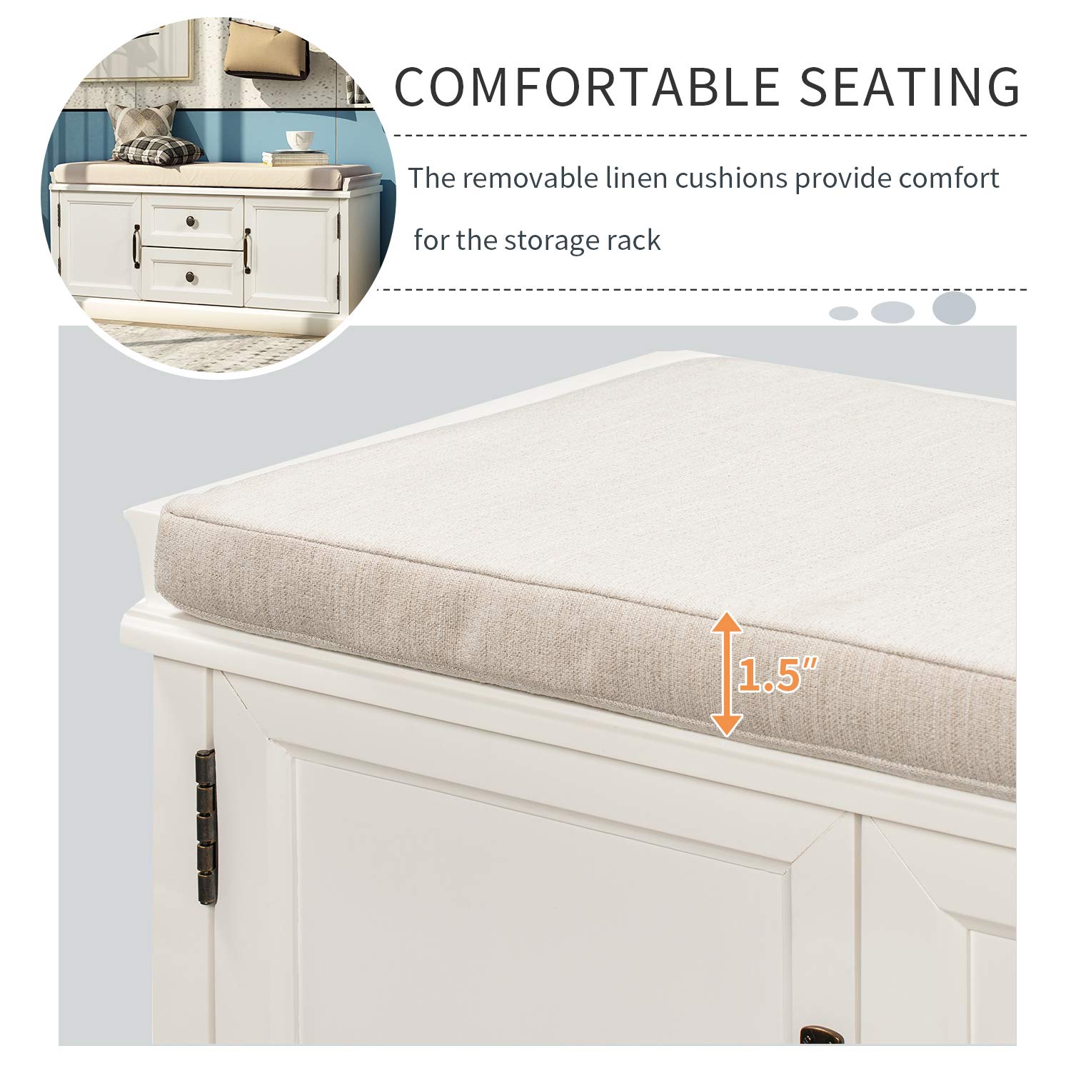 LZ LEISURE ZONE Storage Bench with 2 Drawers & 2 Cabinets - White Entryway Bench with Shoe Storage for Living Room, Hallway, Bedroom - Perfect for Organizing Shoes, Hats & Home Decor