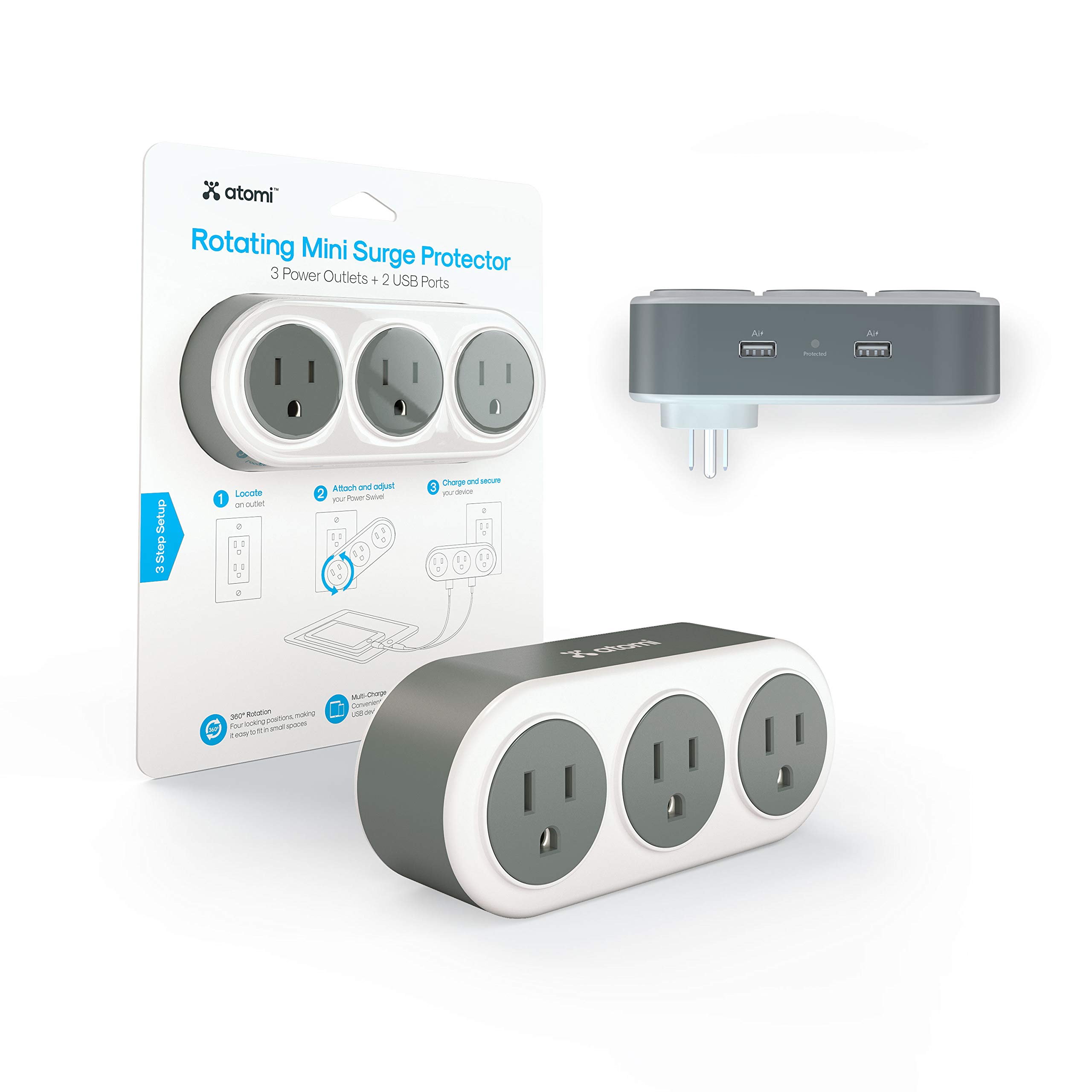 Atomi Rotating Mini Surge Protector - 3 Outlet Power Strip with 2 USB Ports, 360° Rotating Wall Charger & Outlet Extender for Home, Office, Travel - White | Compact & Space-Saving Design for Desks, Nightstands & Dorm Rooms