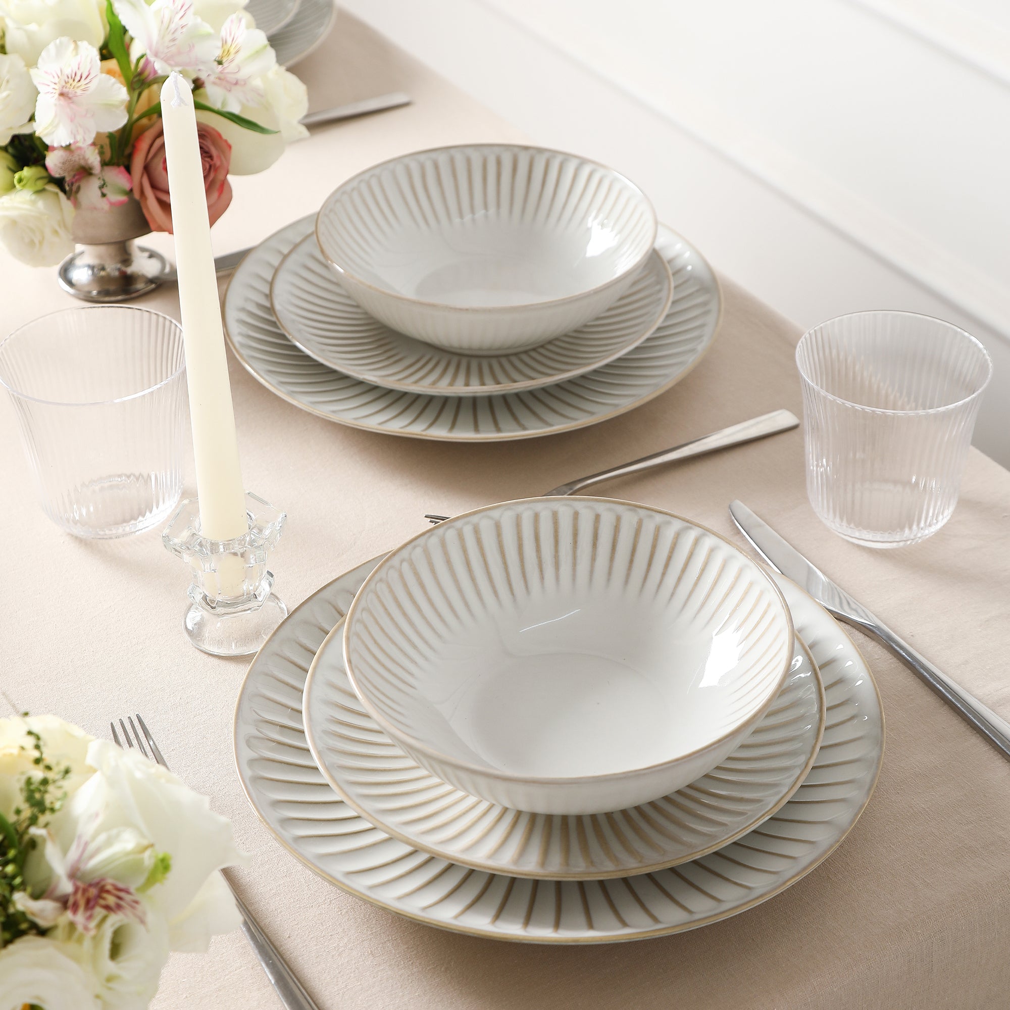 Stone Lain Linea Stoneware 16-Piece Dinnerware Set with Glassware - Elegant White Porcelain Tableware for Everyday Dining & Entertaining