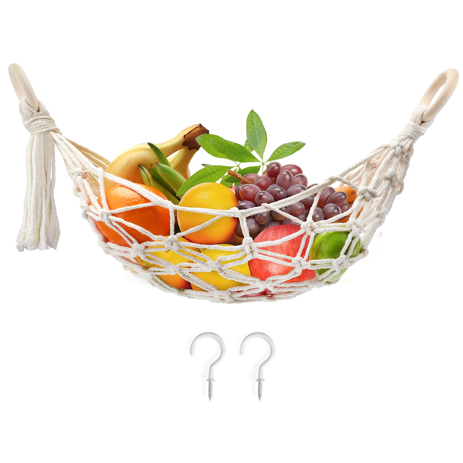 Hanging Fruit Hammock with Hooks - Under Cabinet Banana Storage Basket, Hand-Woven Lace Kitchen Décor Organizer for Fruits - Perfect for Small Kitchen Space Saving & Fresh Produce Display