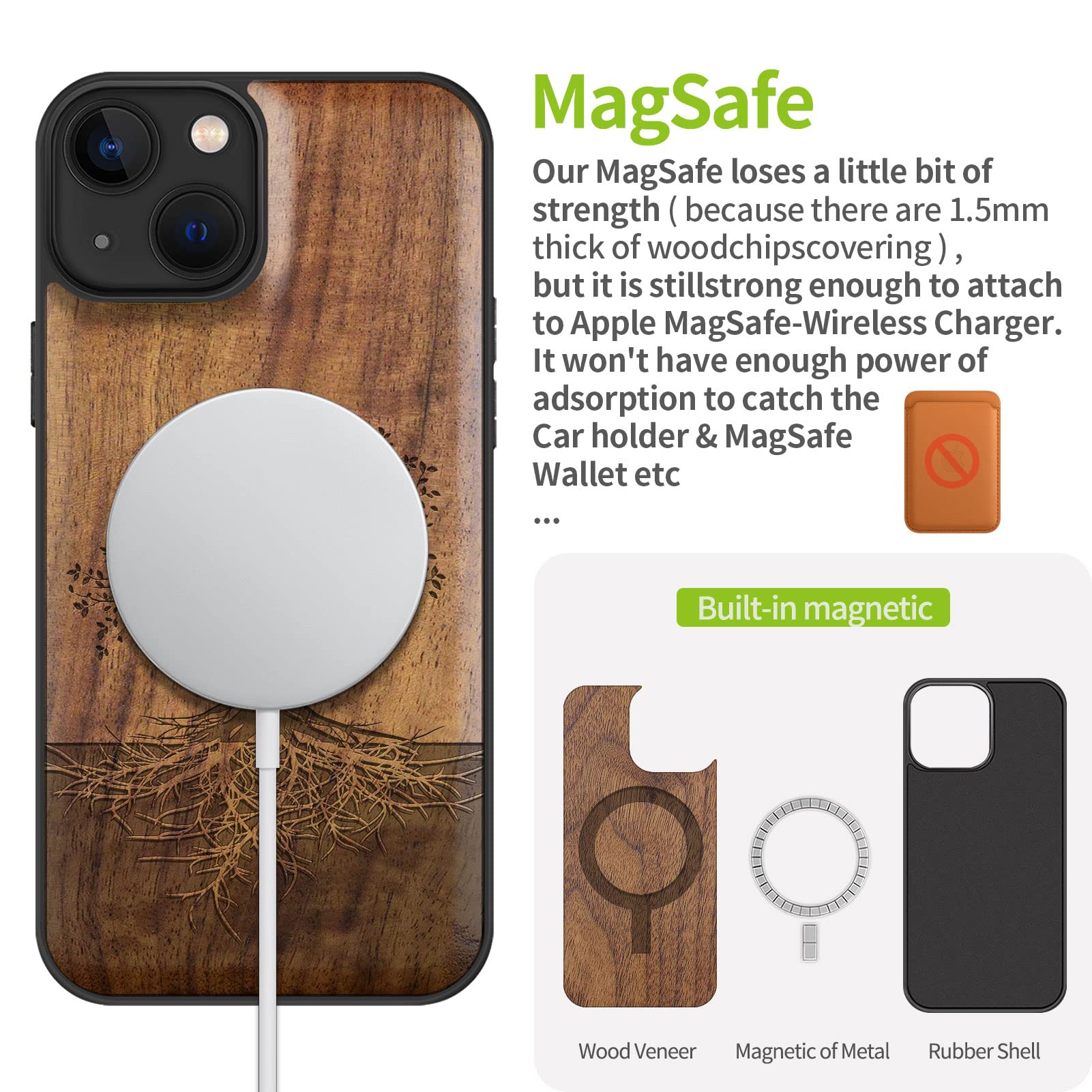 Premium Magnetic Wooden iPhone 13 Case - Shockproof Hard Real Walnut Wood & Soft TPU Protective Cover - MagSafe Compatible - Unique Tree with Roots Design - Perfect for Outdoor Adventures & Business Meetings