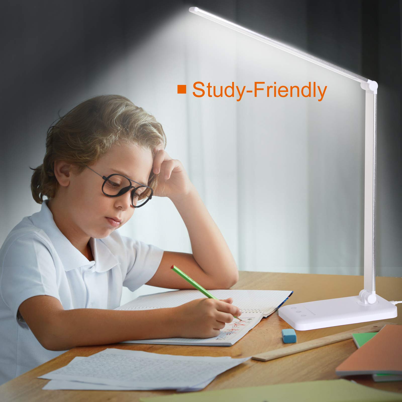 **LED Desk Lamp with USB Charging Port - Stepless Dimmable Eye-Caring Table Lamp, Touch Control & Memory Timer, 25 Brightness Levels, Foldable Design for Reading, Studying, Working - Perfect for Home Office, Dorm Room, and Nightstand Use**