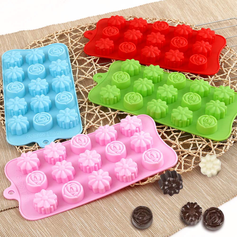Premium 4-Pack Flower Shaped Silicone Molds - 15 Cavity Non-Stick Food Grade Baking Molds for Chocolate, Candy, Ice Cubes, Jelly, Soap & Bath Bombs - Perfect for DIY Crafts, Home Baking & Party Decorations