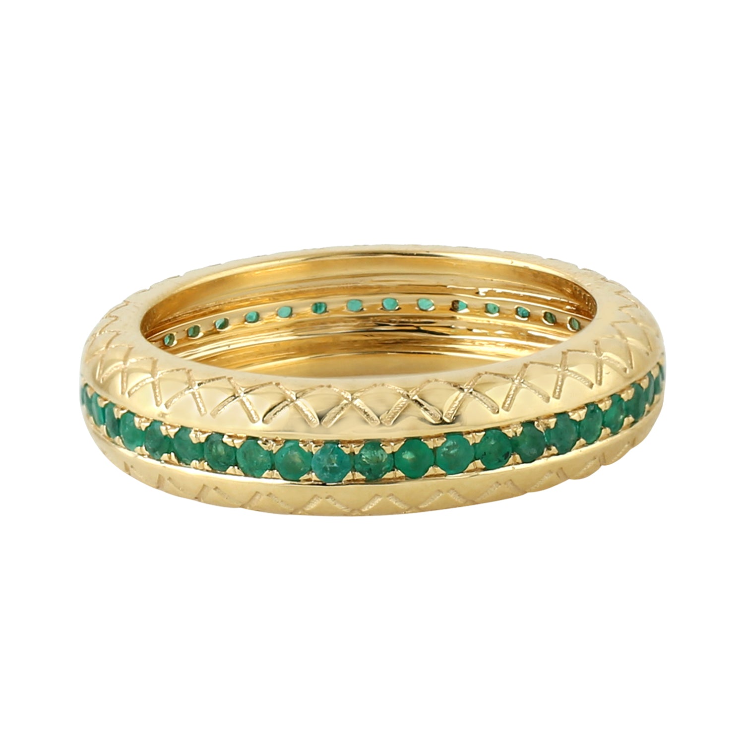 18K Yellow Gold Micro Pave Natural Emerald Unisex Band Ring - Elegant Wedding, Engagement & Everyday Jewelry for Men & Women