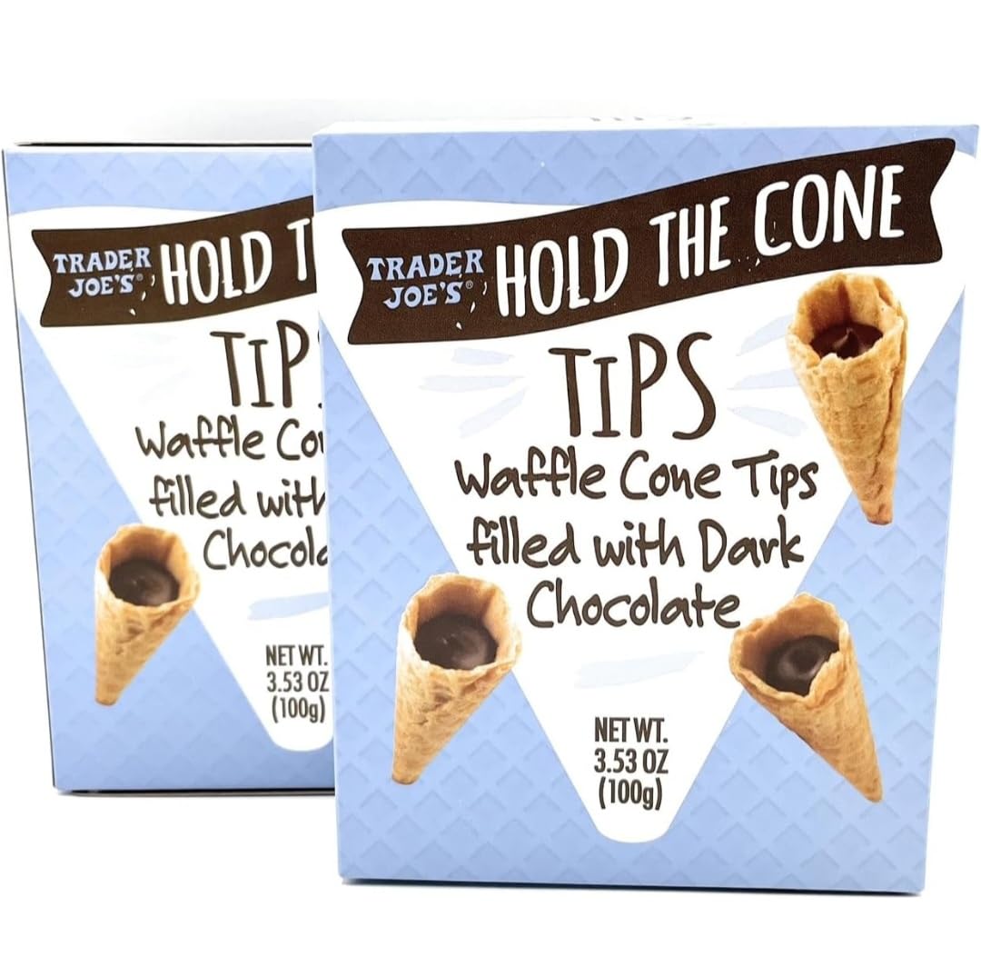 Trader Joe's Dark Chocolate Waffle Cone Cookies - 3.53 oz (Pack of 2) | Crunchy Ice Cream Cone Tips for Dessert Toppings, Party Snacks & Sweet Treats
