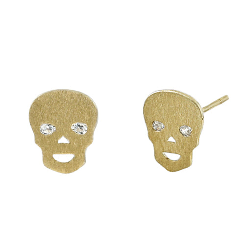 14K Solid Yellow Gold Brushed Skull Stud Earrings with Clear Cubic Zirconia Eyes - Perfect for Halloween, Gothic Fashion, and Punk Style Accessories