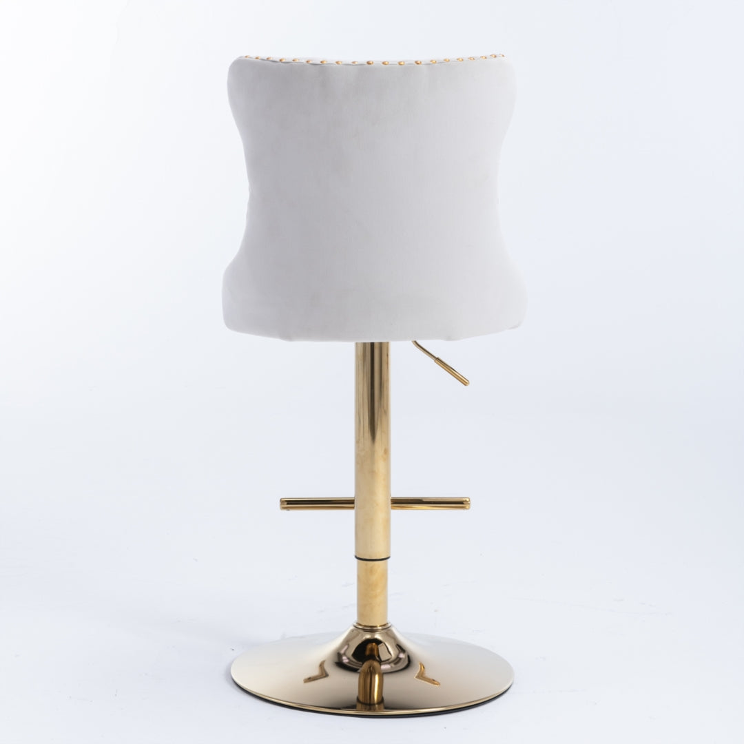 Adjustable Height Swivel Bar Stools with Footrest - Velvet Upholstered, Gold Metal Base, Beige - Perfect for Kitchen Islands, Home Bars & Breakfast Nook Seating