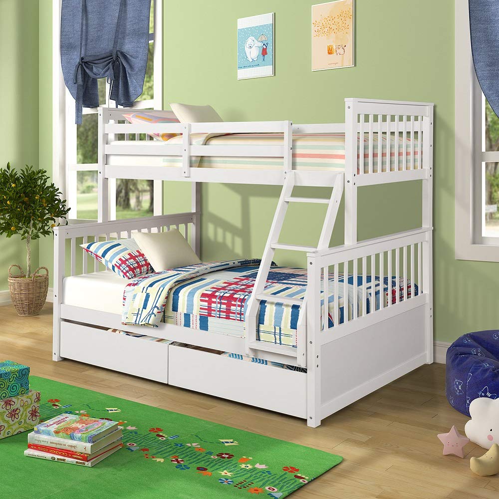 Rhomtree Twin Over Full Bunk Bed for Kids & Teens - Wooden Bed Frame with 2 Storage Drawers, Mattress Foundation - Space-Saving Solution for Boys & Girls Bedrooms (White) - Perfect for Small Rooms, Sleepovers & Shared Kids' Spaces