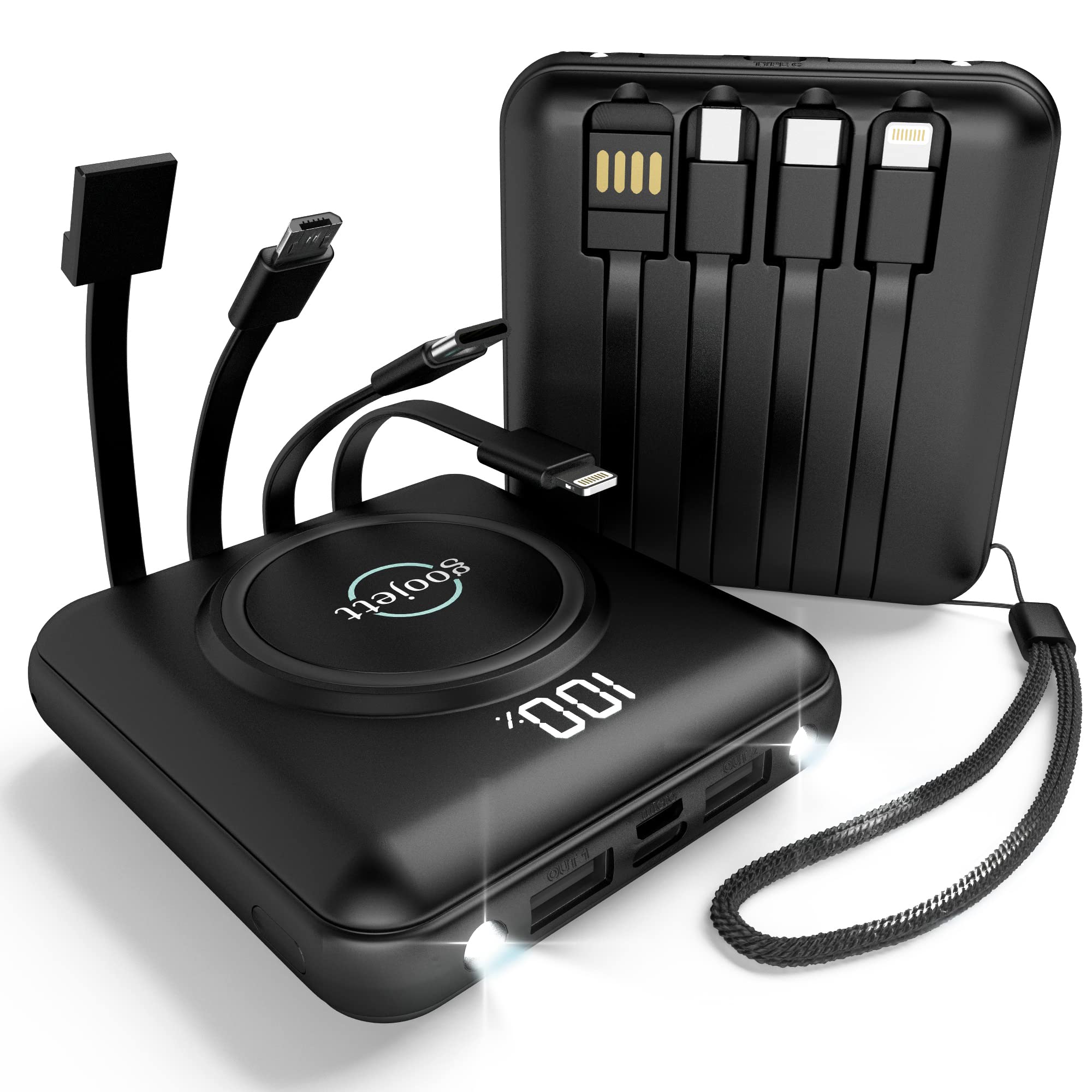 10000mAh Wireless Portable Charger Power Bank with Built-in 4 Cables - Fast USB-C & Wireless Charging External Battery Pack for iPhone, Samsung, iPad | Perfect for Travel, Camping & Emergency Power Backup
