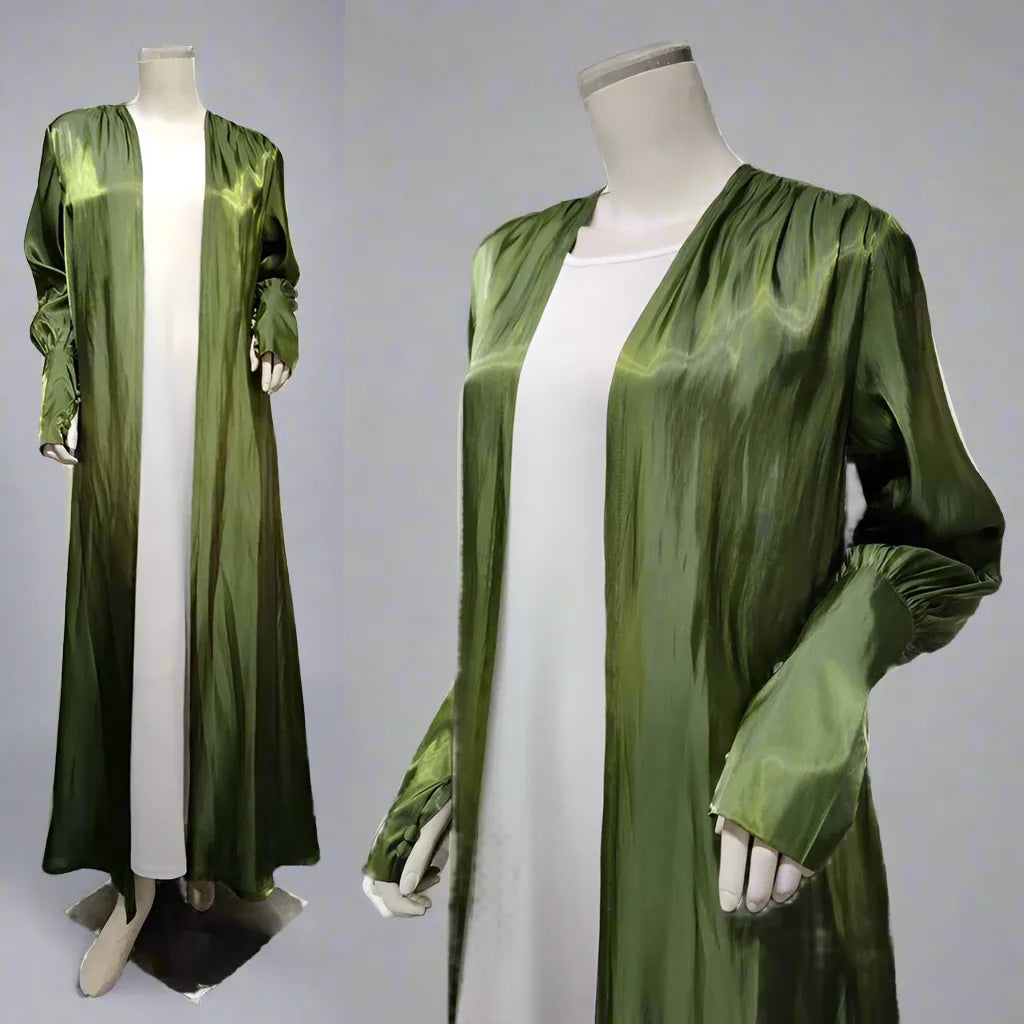 Army Green Muslim Women's Open Abaya Cardigan Dress with Mushroom Button Sleeves - Modest Fashion for Prayer, Home & Casual Wear