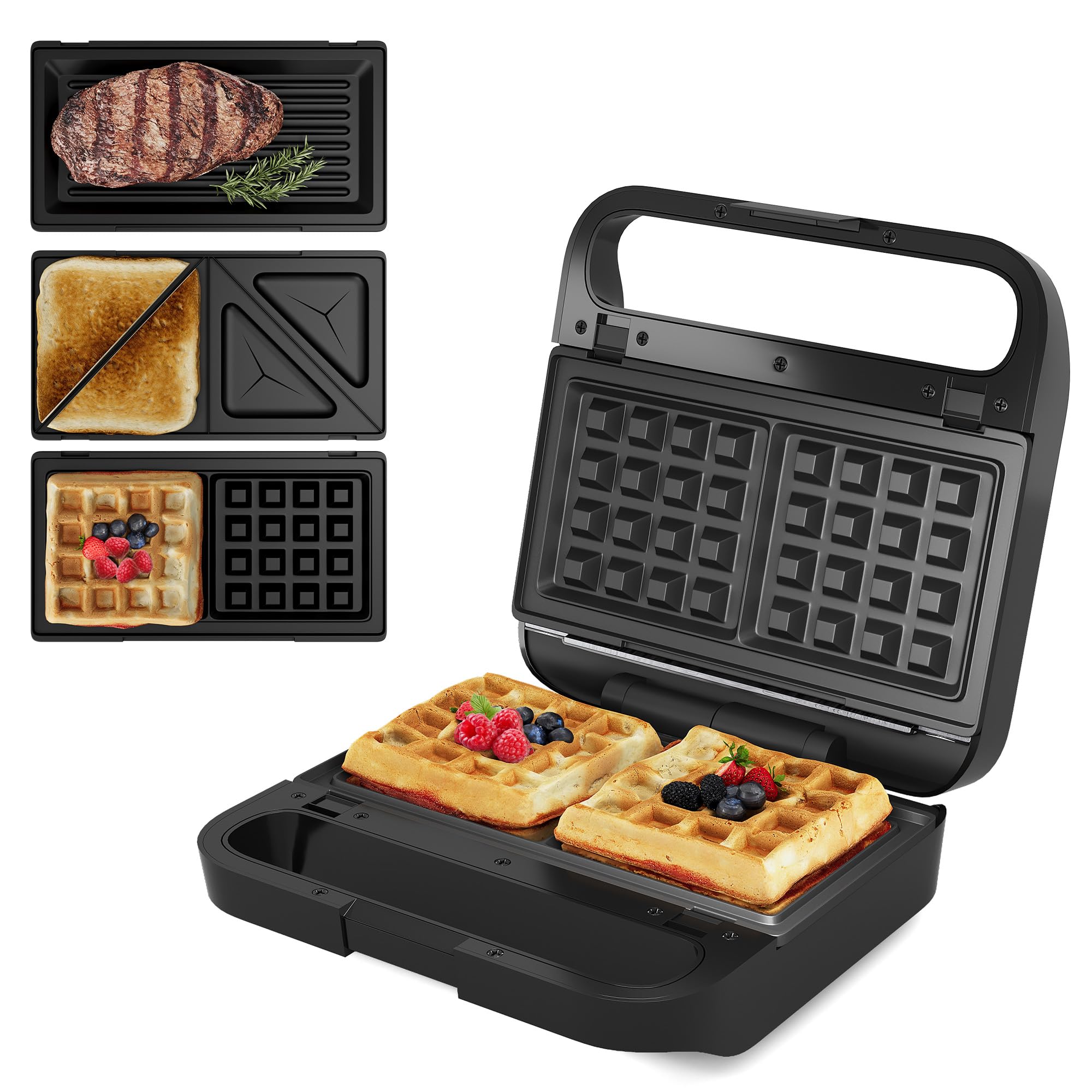 Sunvivi Pro 3-in-1 Electric Waffle Maker & Sandwich Press with Removable Non-Stick Plates, Panini Grill with Glass Top, Cool-Touch Handle - 850W for Breakfast, Brunch & Quick Meals - Easy to Clean Kitchen Appliance