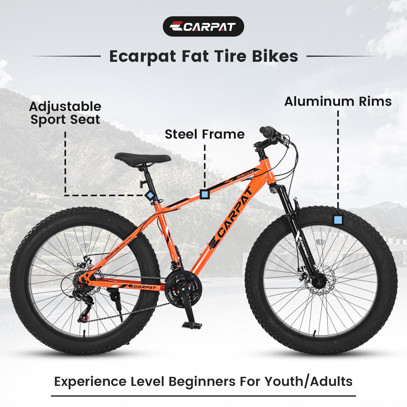 **Ecarpat 20/24/26 Inch Fat Tire Mountain Bike - 21 Speed, Dual Disc Brake, High-Carbon Steel Frame, Front Suspension - Men & Women's All-Terrain, Trail, Urban Commuter & City Bicycle for Adventure & Daily Riding**