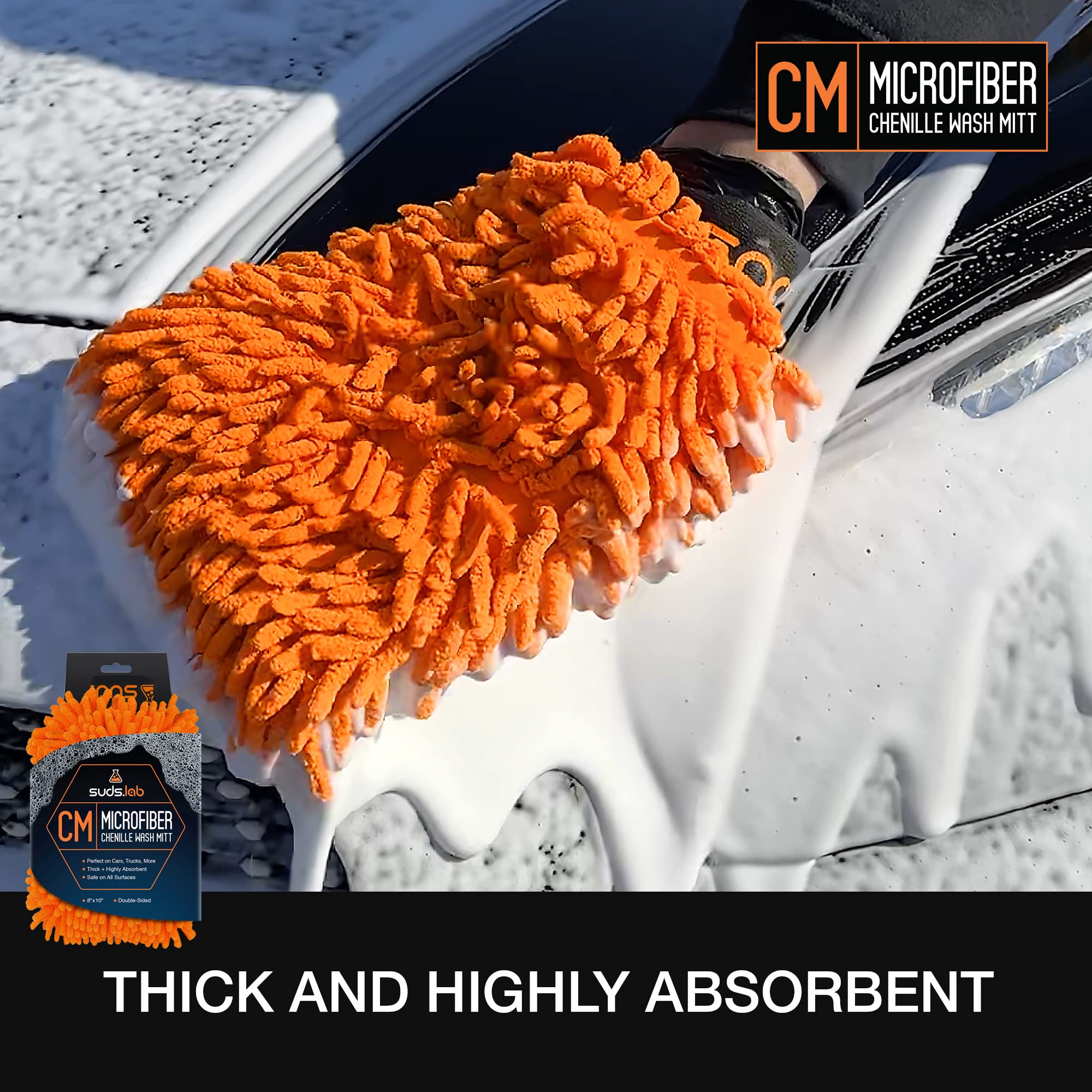 Suds Lab CM Chenille Microfiber Car Wash Mitt - Double Sided Scratch Free Wash Glove for Cars, Trucks & SUVs (8