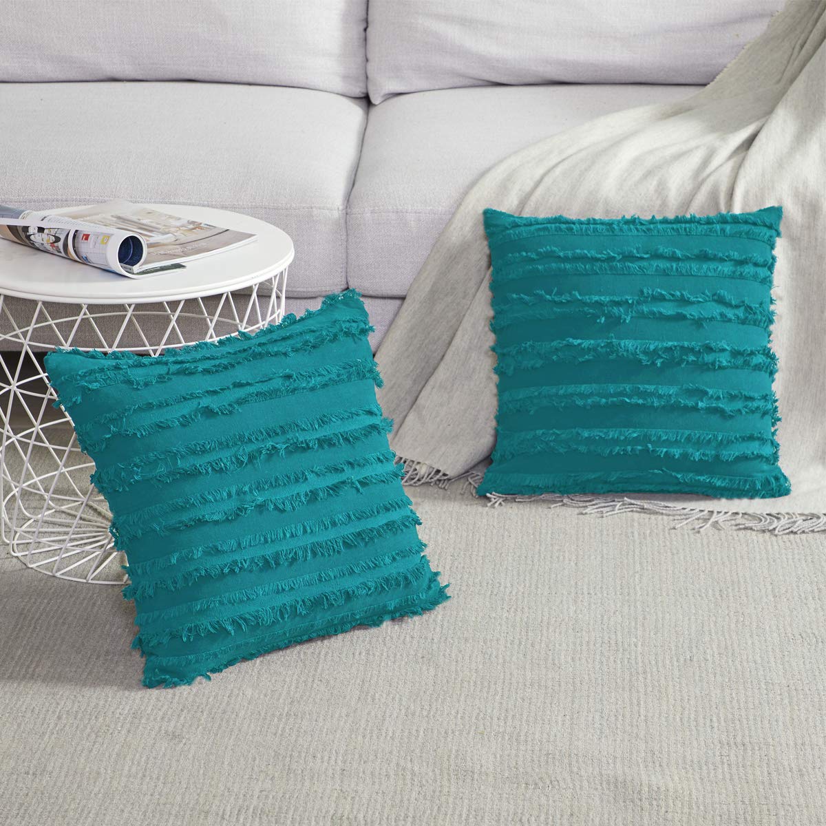 GIGIZAZA 16x16 Decorative Throw Pillow Covers - Peacock Blue Square Couch Pillows, Cotton Boho Sofa Cushion Covers for Living Room, Bedroom & Outdoor Decor