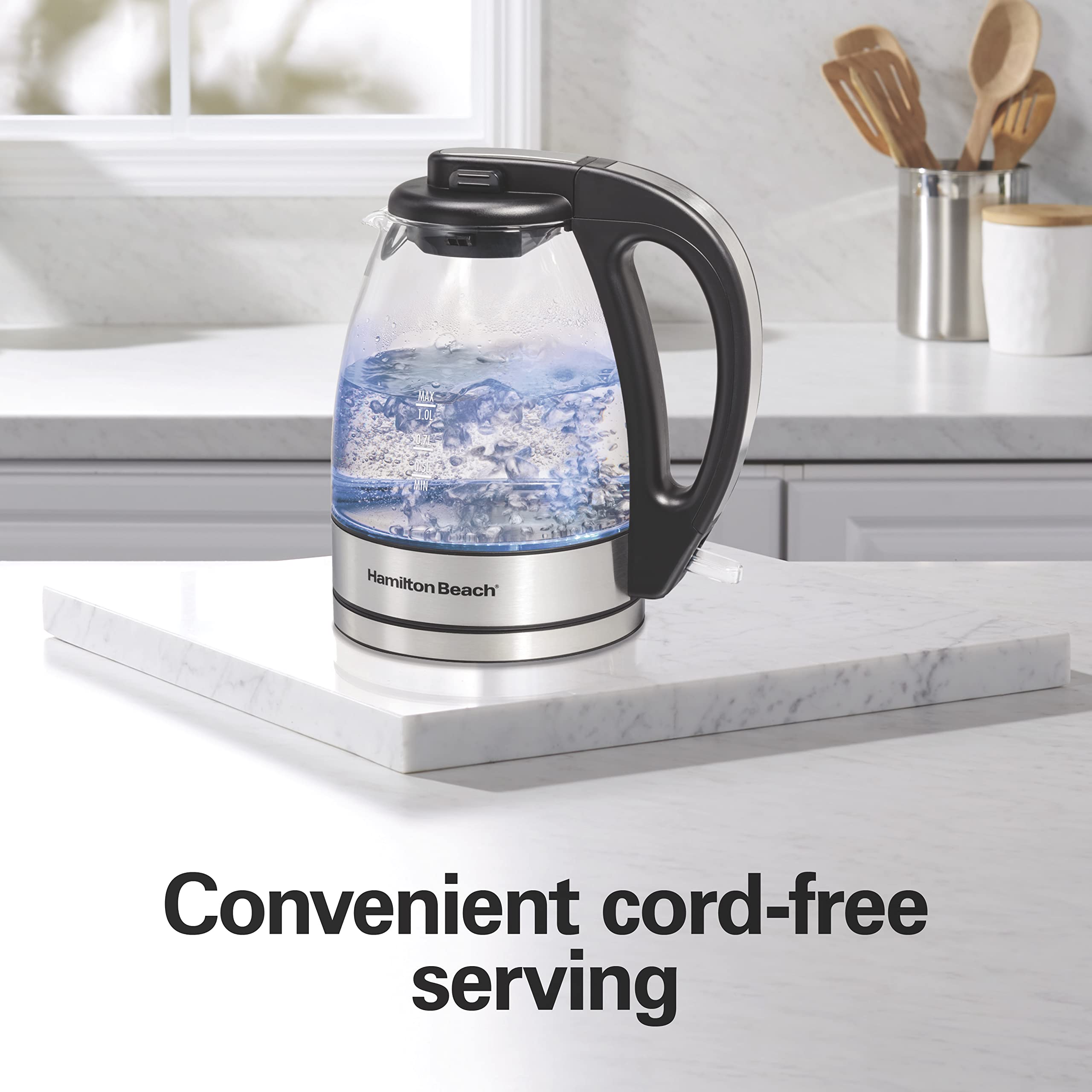 Hamilton Beach 1L Glass Electric Tea Kettle - Cordless Water Boiler with LED Indicator, Auto Shut-Off & Boil-Dry Protection (40930C) - Perfect for Home, Office & Dorm Use - Fast Boiling for Tea, Coffee & Instant Meals