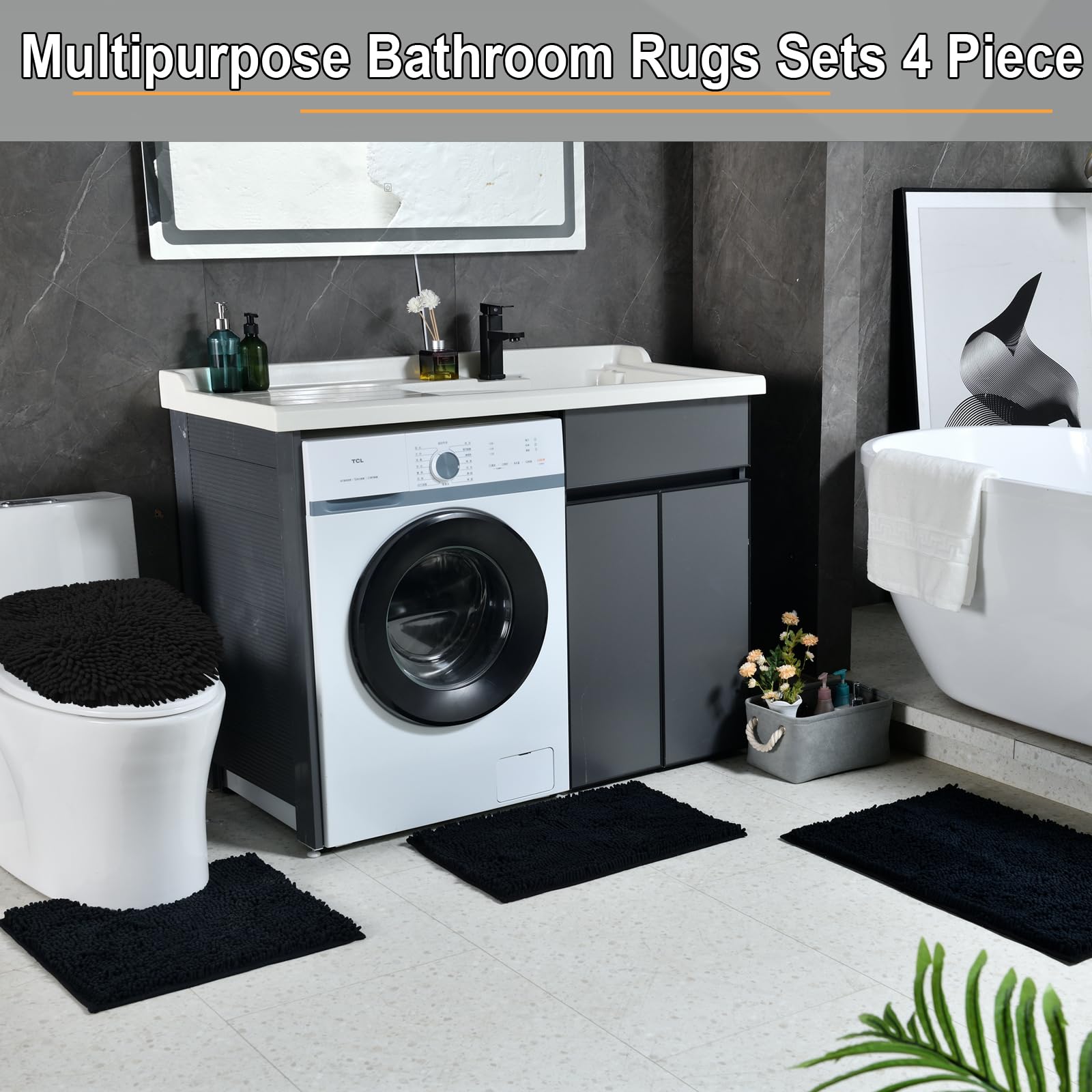 4-Piece Plush Bathroom Rug Set - Soft Shaggy Chenille Non-Slip Bath Mats for Bathroom Floor, Tub & Shower - Ultra Absorbent & Durable - Perfect for Modern Bathrooms & Spa-Like Retreats (Black)