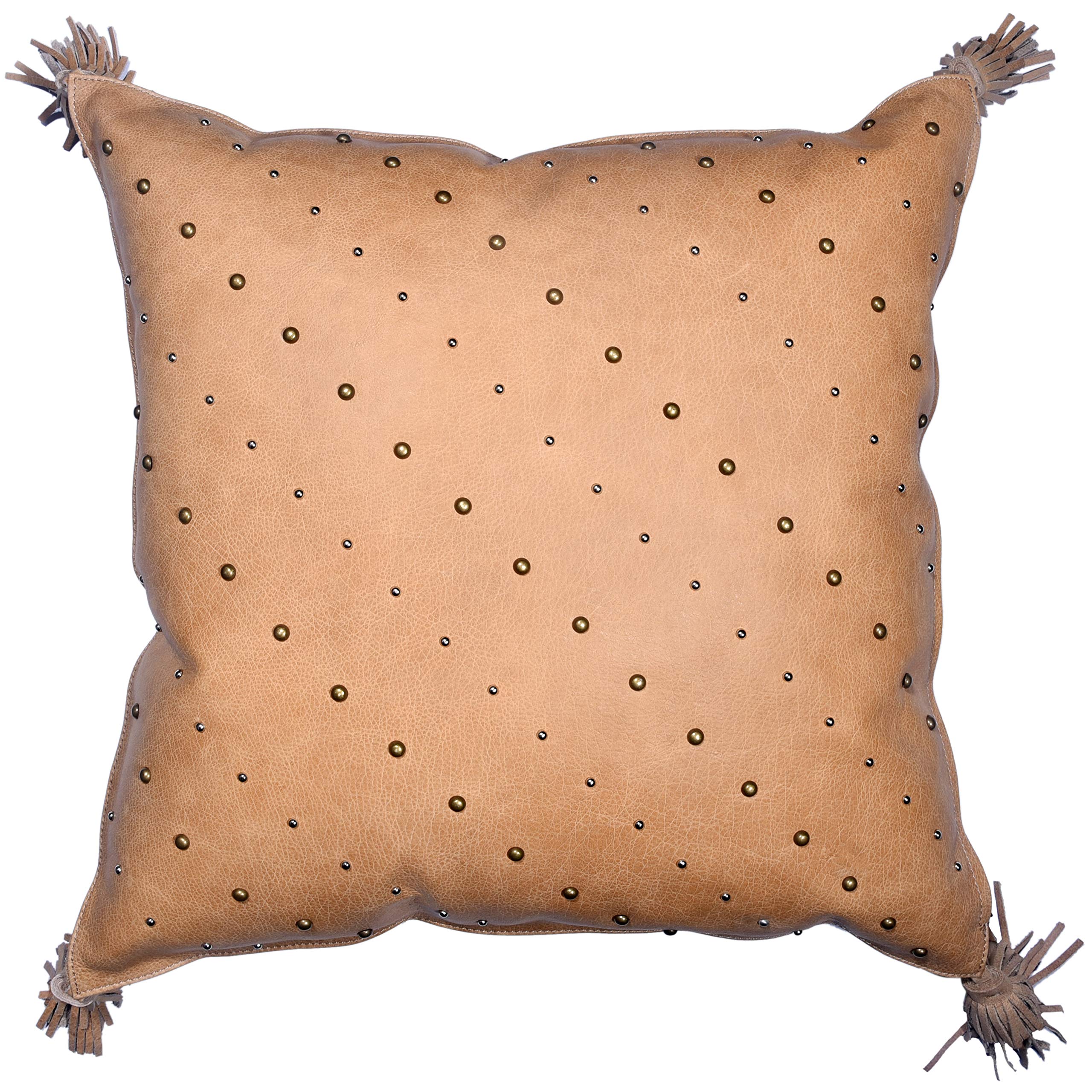 HiEnd Accents Genuine Leather Tasseled Throw Pillow - 20x20 Inch Tan Western Rustic Style Decorative Cushion for Living Room, Bedroom & Cabin Decor
