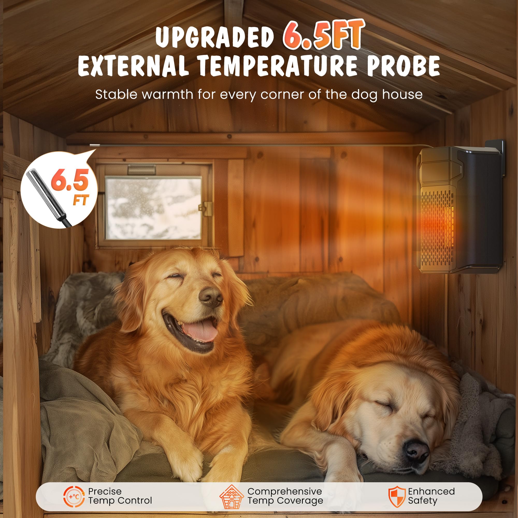 500W WiFi Dog House Heater with Thermostat & APP Control - Outdoor Pet Heater with 6.5FT Temperature Probe, Adjustable Temperature & Timer - Perfect for Winter Kennels, Garages, and Outdoor Dog Houses